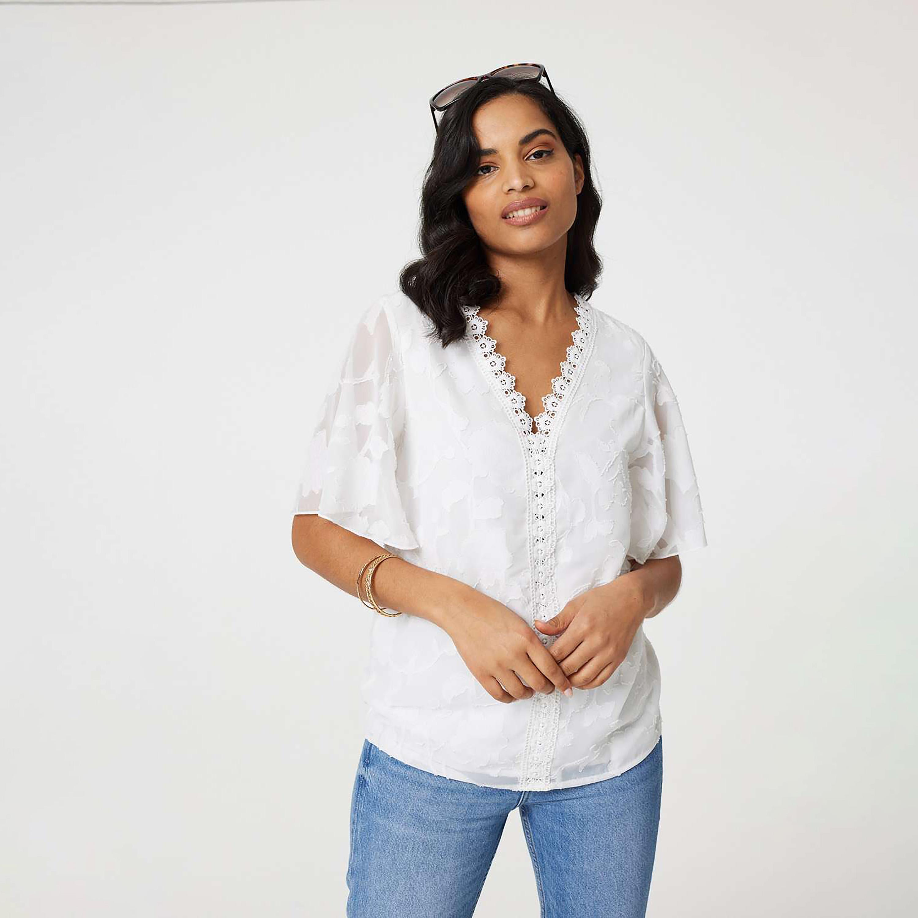 Izabel London Jacquard Floral Flutter Sleeves Women's Top-women-clothing-shirtsandblouses-blouses-image-1