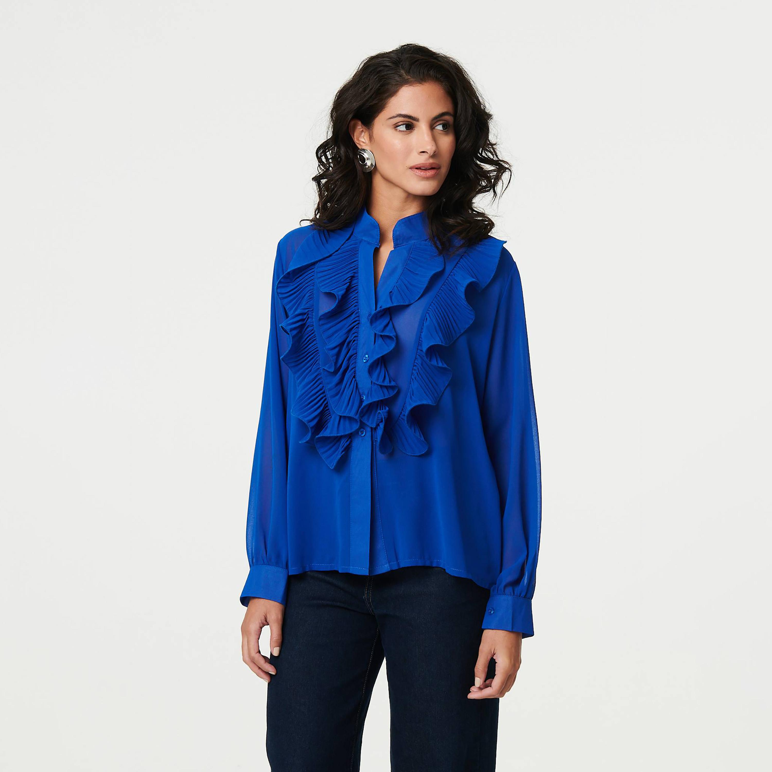 بلوزة نسائية بياقة "ماندارين" مكشكشة وأكمام "بيشوب" بلون أزرق من إيزابيل لندن-women-clothing-shirtsandblouses-blouses-image-1