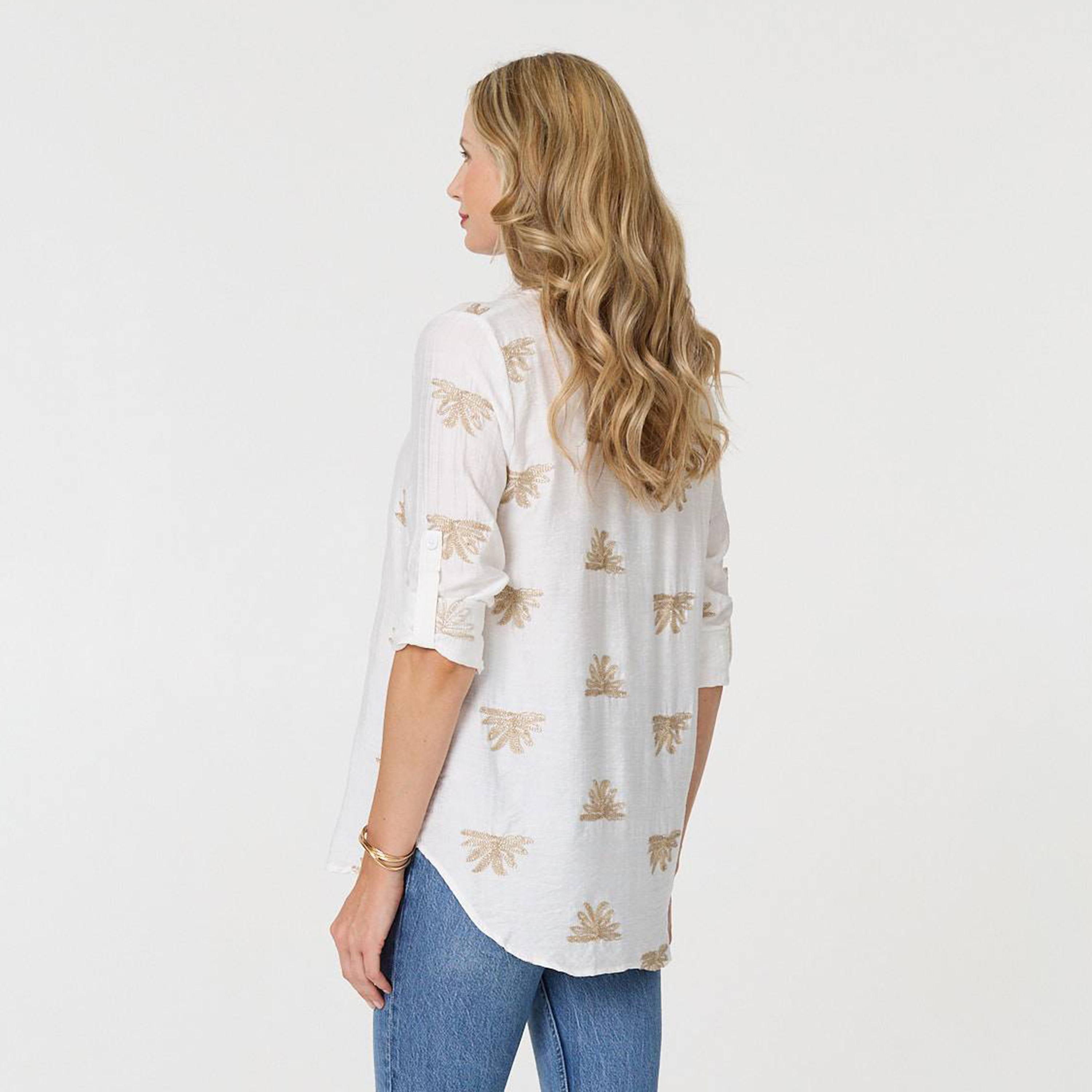 Izabel London Embroidered Roll-Up Sleeves Women's Top-women-clothing-shirtsandblouses-blouses-image-3