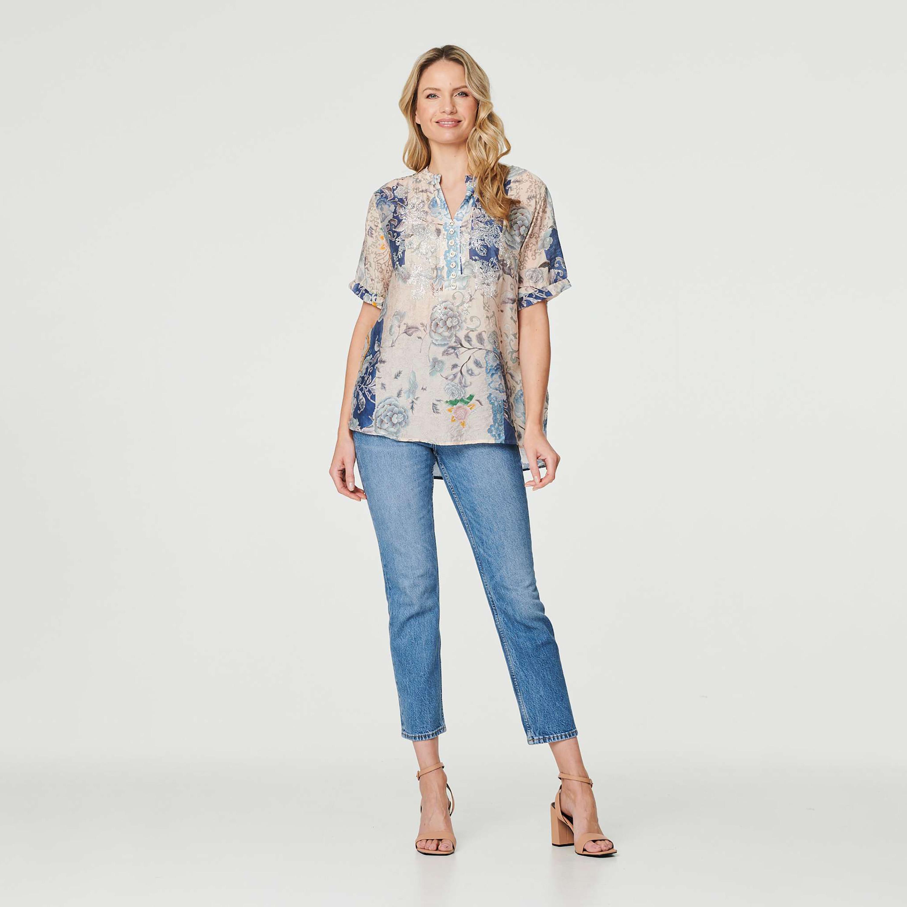 Izabel London Multicolour Floral Print Mandarin Collar Women's Top-women-clothing-shirtsandblouses-blouses-image-2