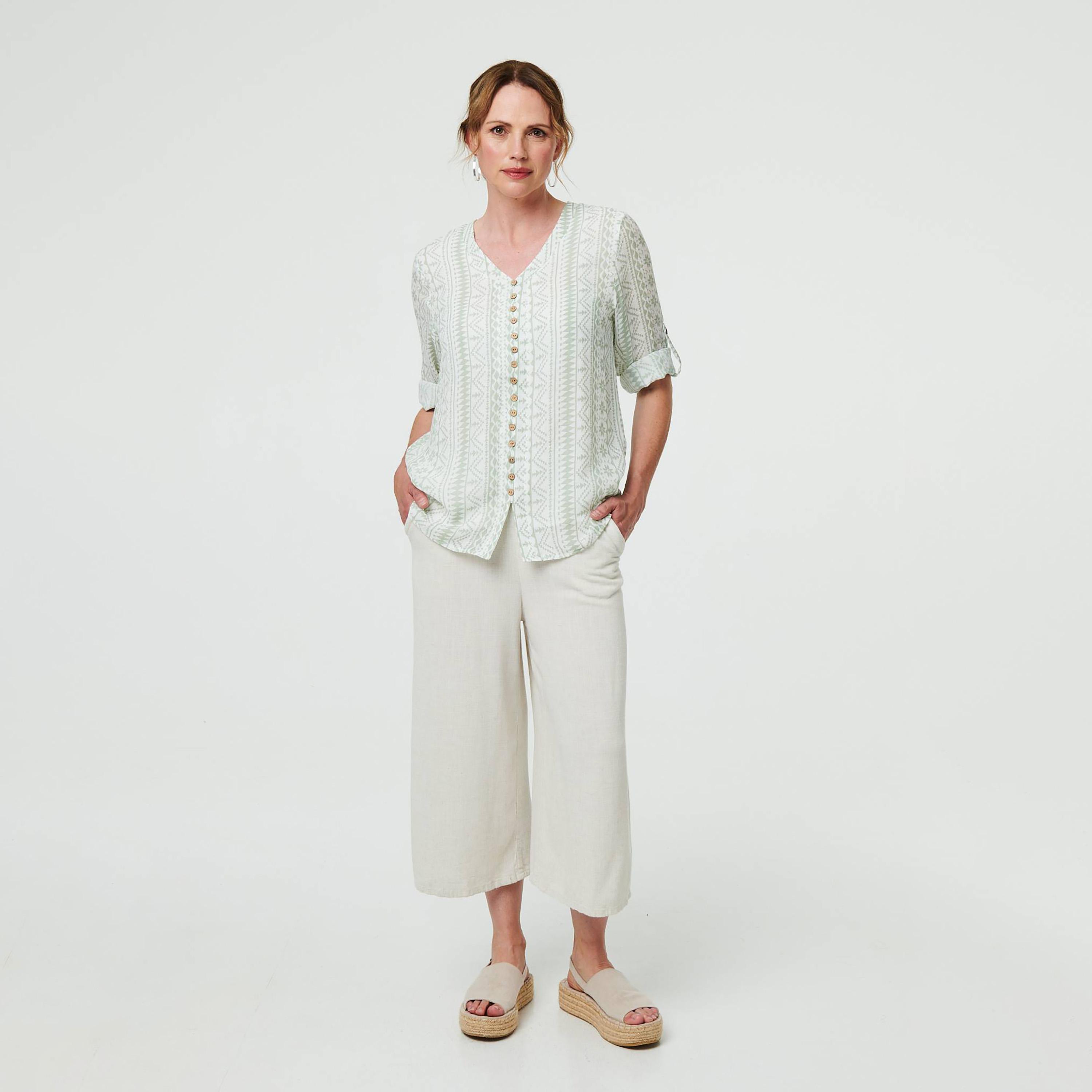 Izabel London Light Green Tribal Print Roll-Up Sleeves Women's Top-women-clothing-shirtsandblouses-blouses-image-2