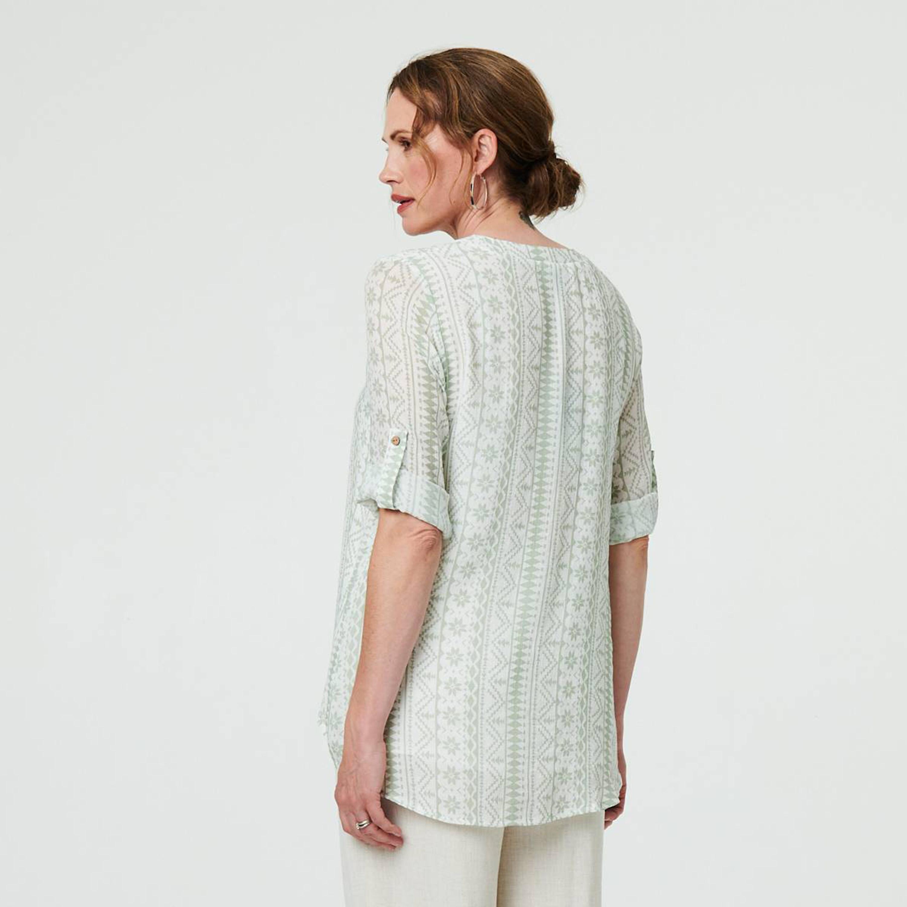 Izabel London Light Green Tribal Print Roll-Up Sleeves Women's Top-women-clothing-shirtsandblouses-blouses-image-3