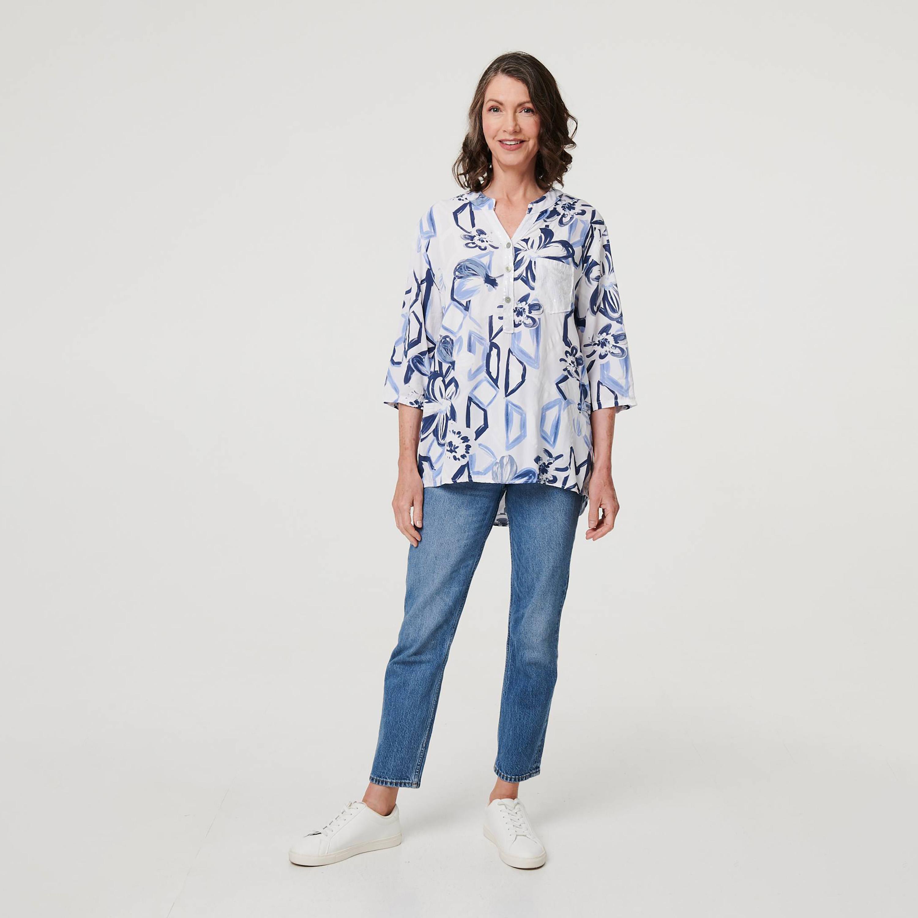 Izabel London White Abstract Floral Mandarin Collar Roll-Up Sleeves Women's Top-women-clothing-shirtsandblouses-blouses-image-2