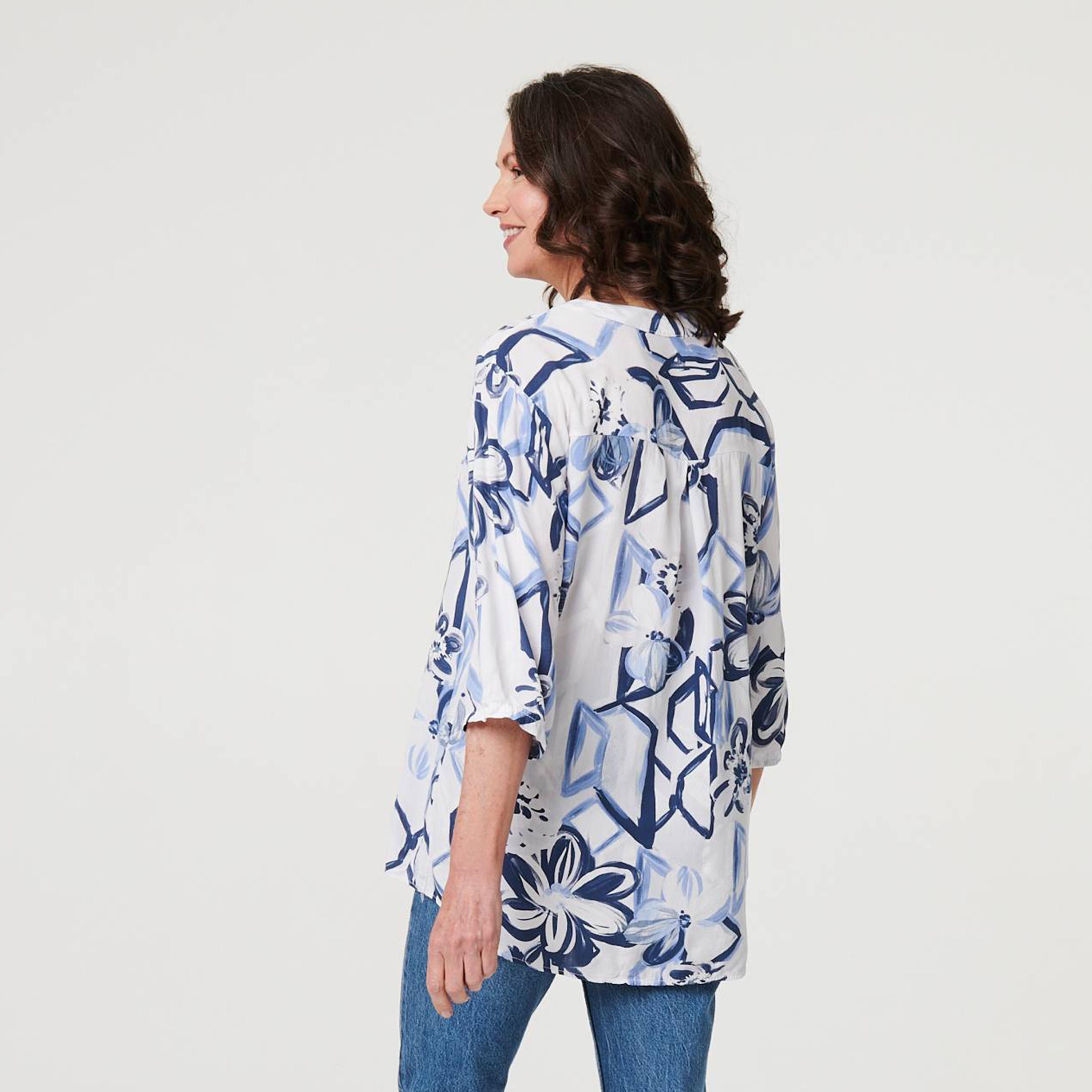 Izabel London White Abstract Floral Mandarin Collar Roll-Up Sleeves Women's Top-women-clothing-shirtsandblouses-blouses-image-3