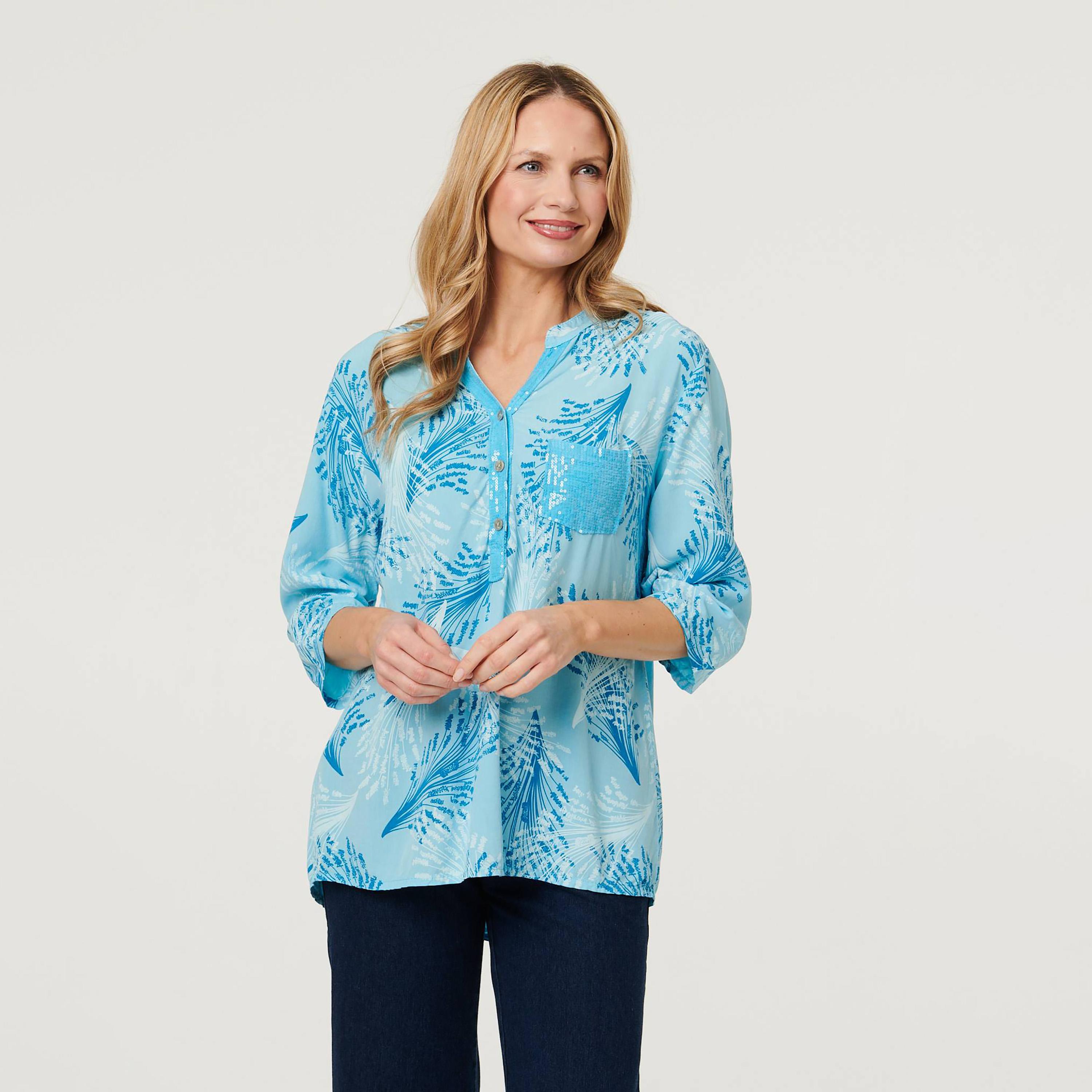 Izabel London Blue Printed Mandarin Collar Women's Top-women-clothing-shirtsandblouses-blouses-image-1