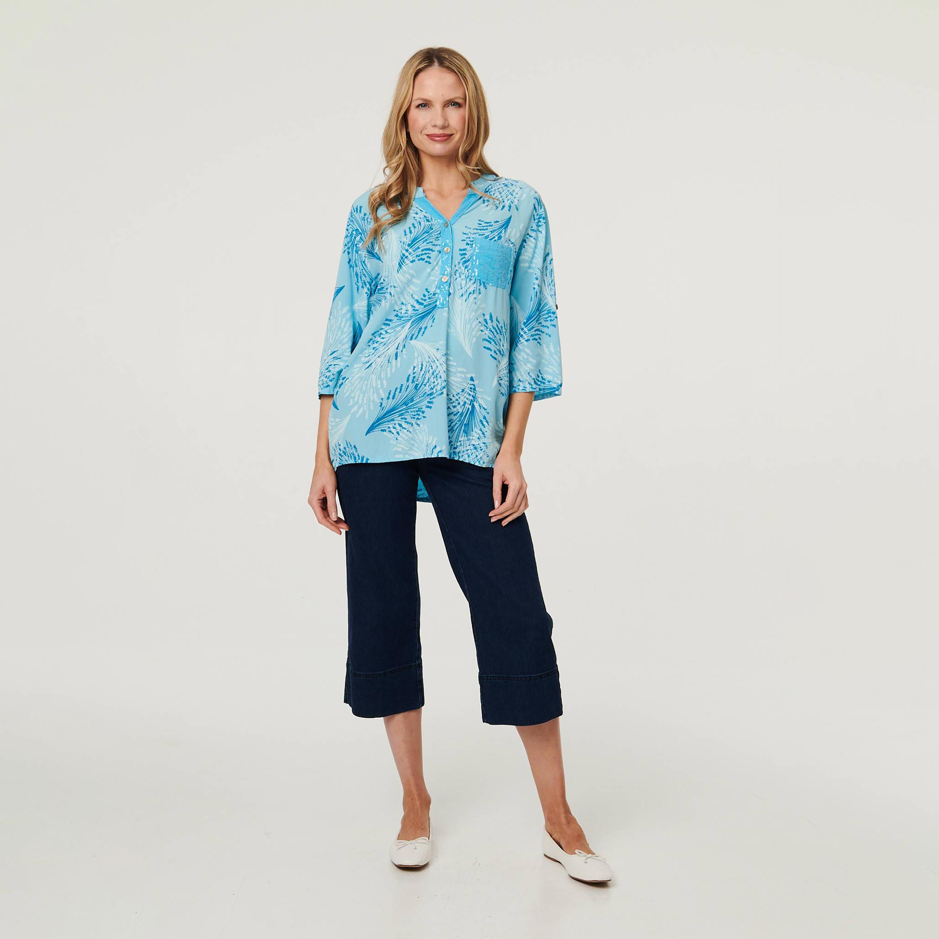 Izabel London Blue Printed Mandarin Collar Women's Top-women-clothing-shirtsandblouses-blouses-image-2