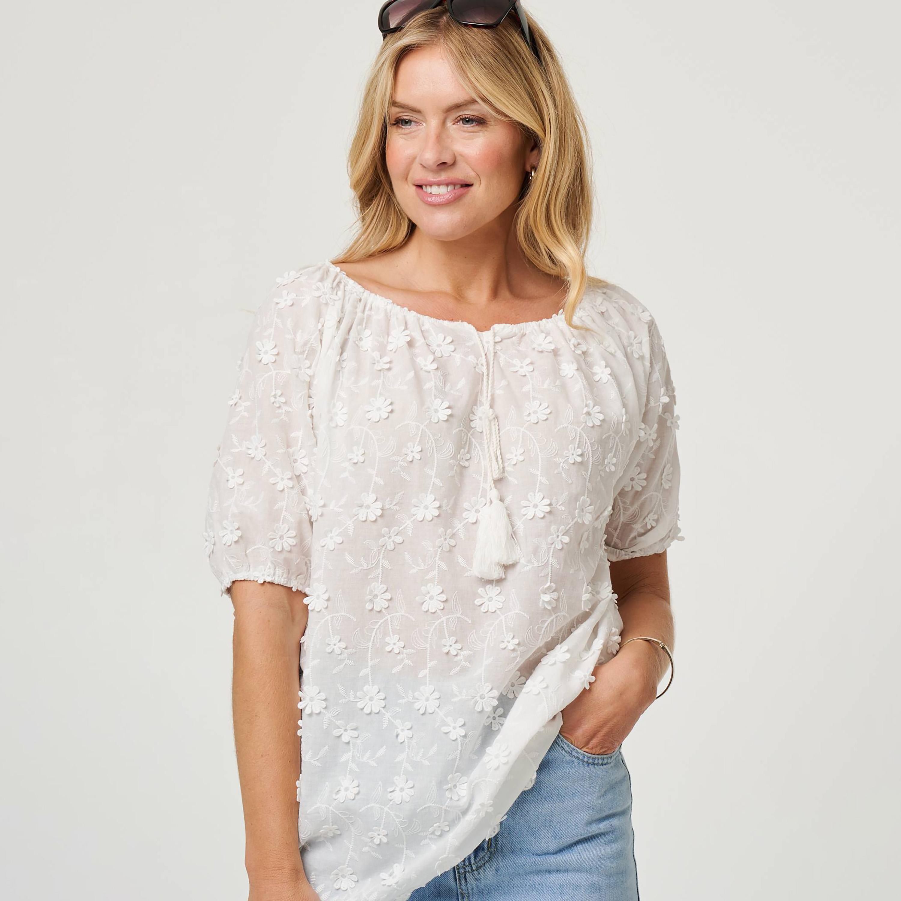 Izabel London White 3D Floral Cotton Puff Sleeves Women's Top-women-clothing-shirtsandblouses-blouses-image-4