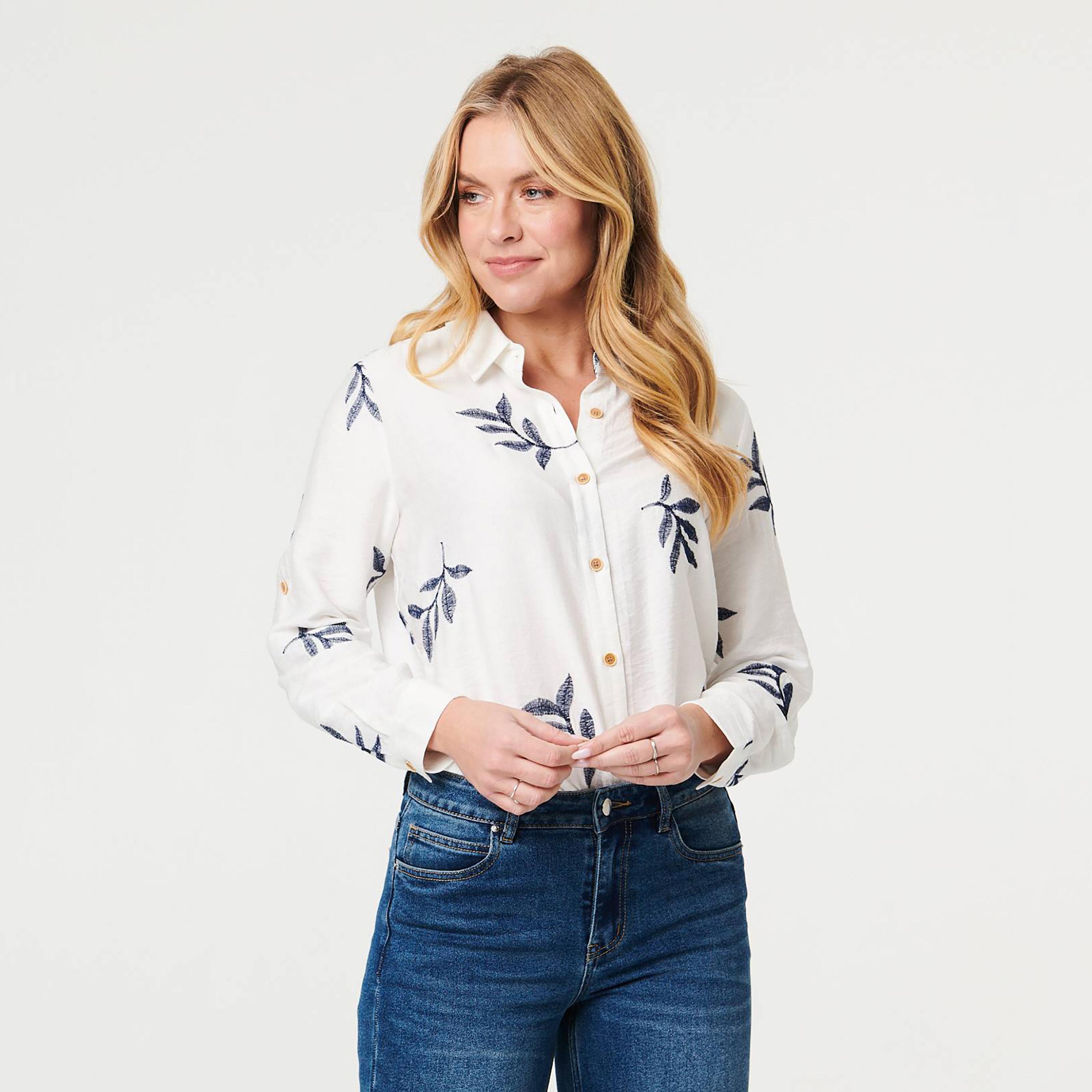 Izabel London White Embroidered Leaf Collared Roll-Up Sleeves Women's Shirt-women-clothing-shirtsandblouses-shirts-image-1