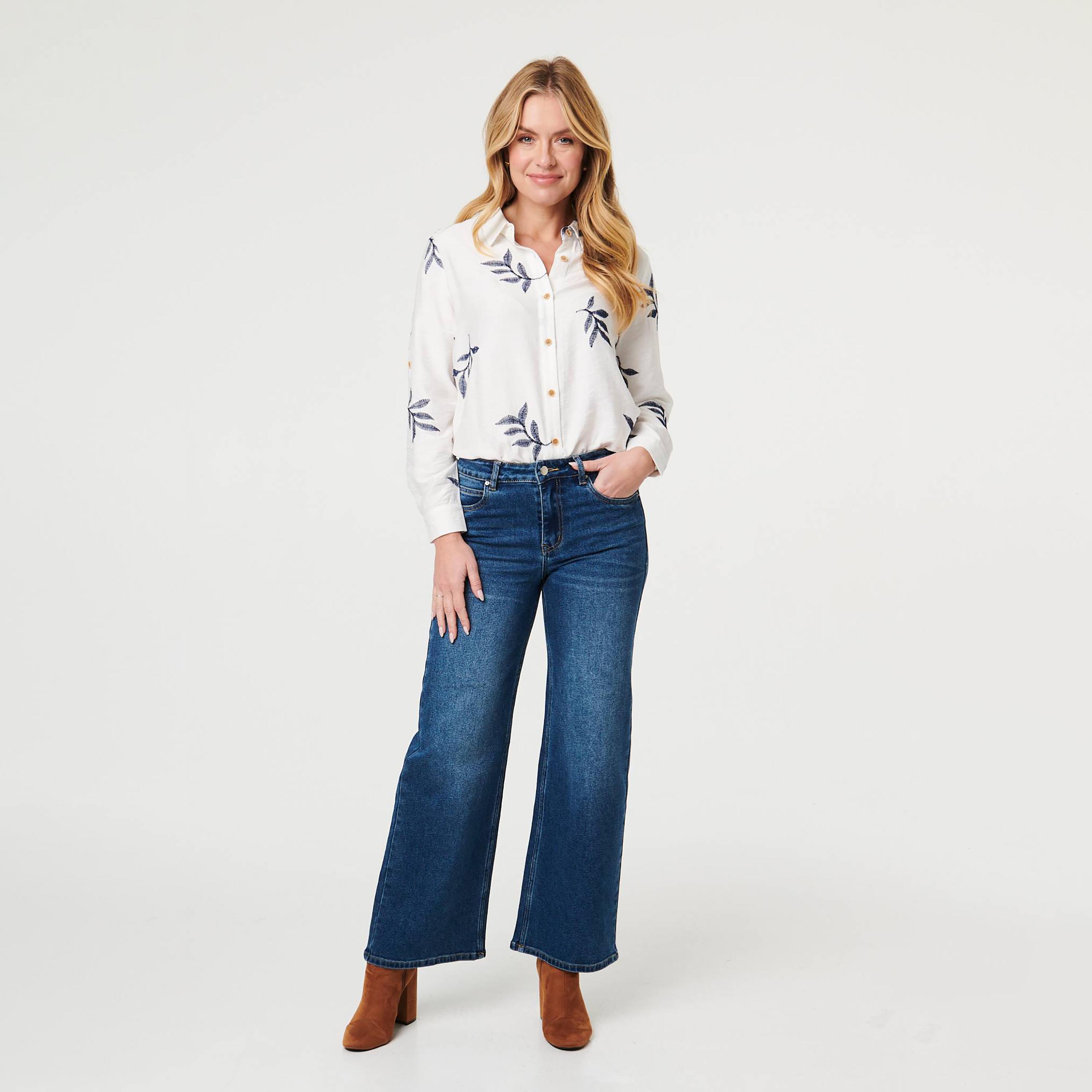 Izabel London White Embroidered Leaf Collared Roll-Up Sleeves Women's Shirt-women-clothing-shirtsandblouses-shirts-image-2