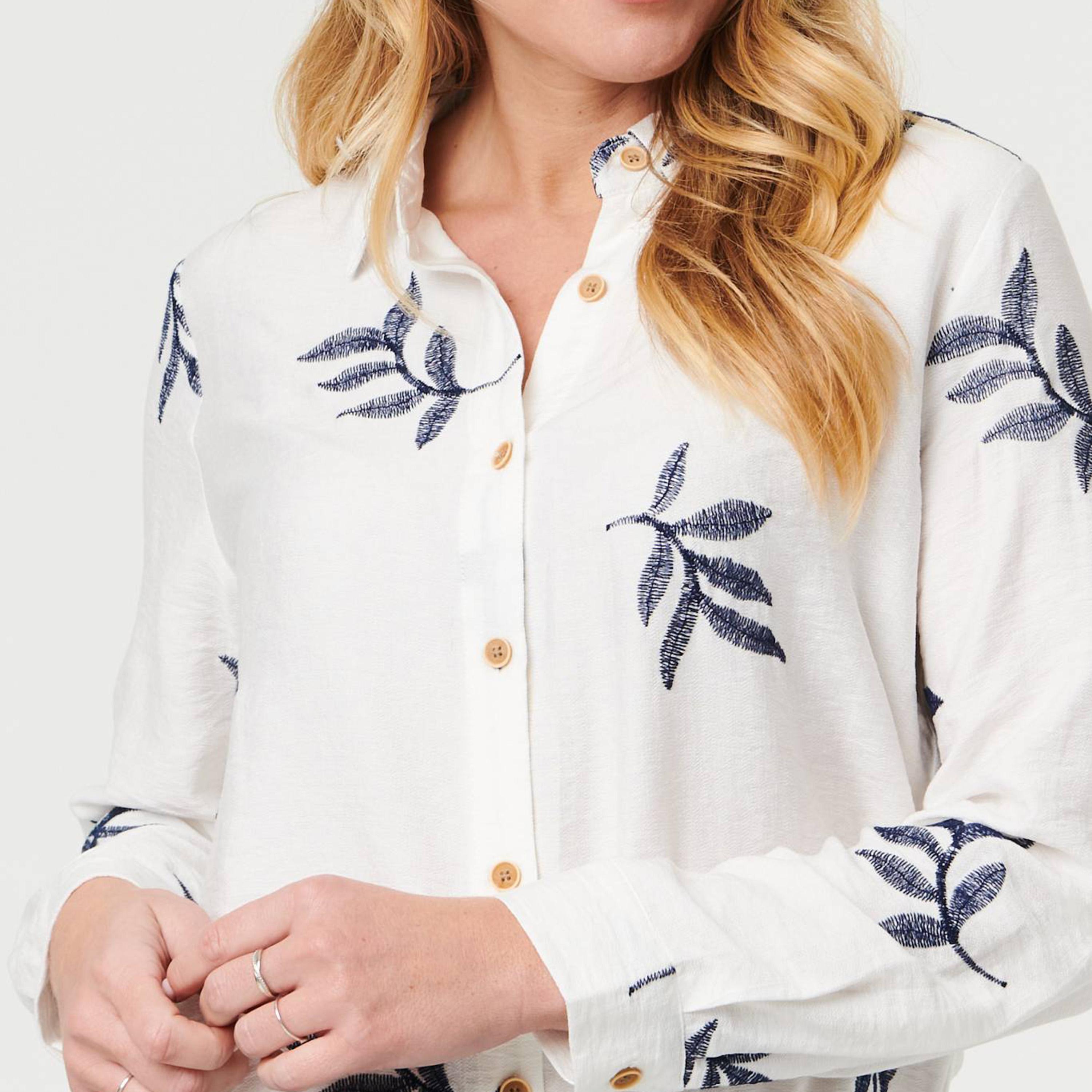 Izabel London White Embroidered Leaf Collared Roll-Up Sleeves Women's Shirt-women-clothing-shirtsandblouses-shirts-image-4