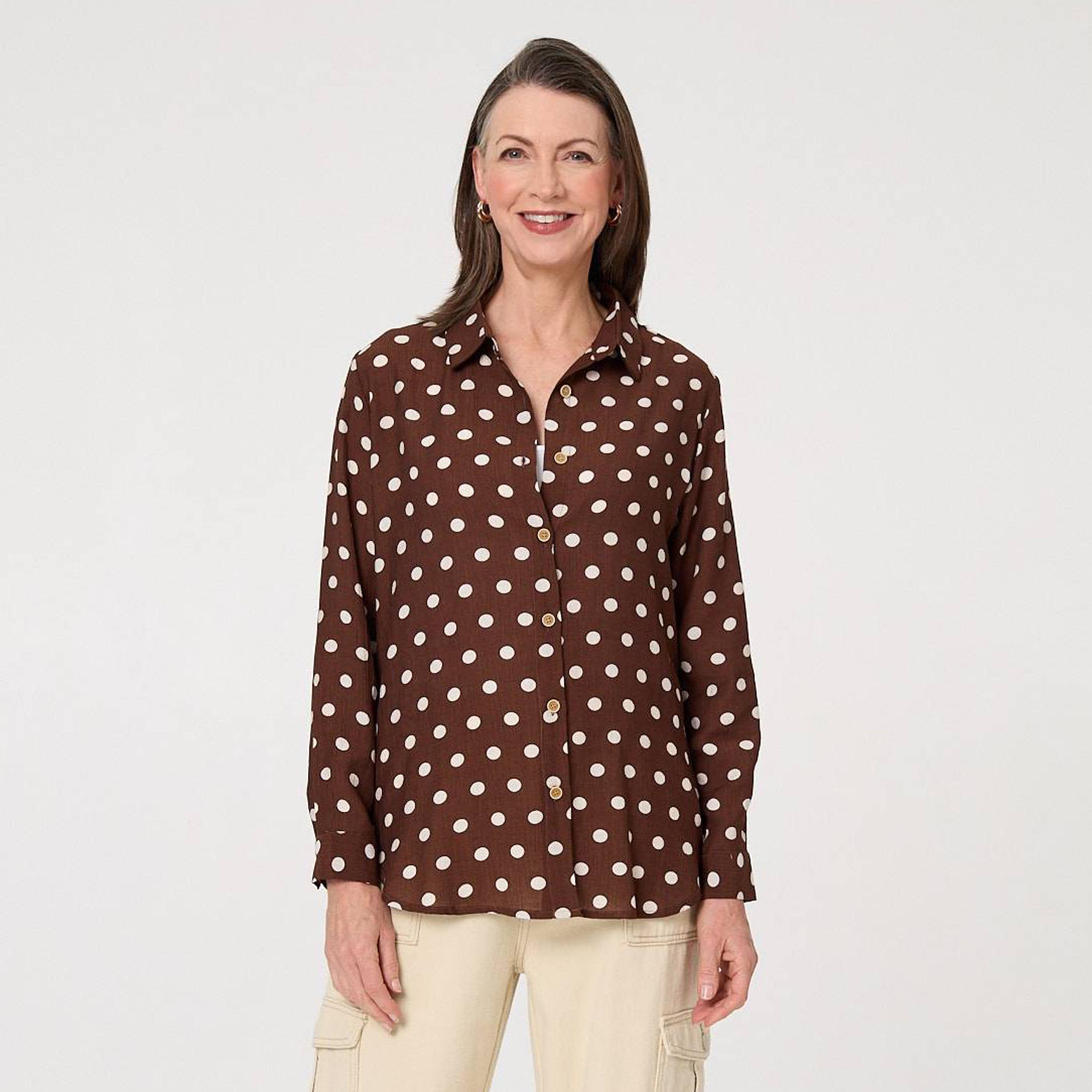 قميص نسائي بياقة وتصميم "بولكا دوت" منقط باللون البني من إيزابيل لندن-women-clothing-shirtsandblouses-shirts-image-1