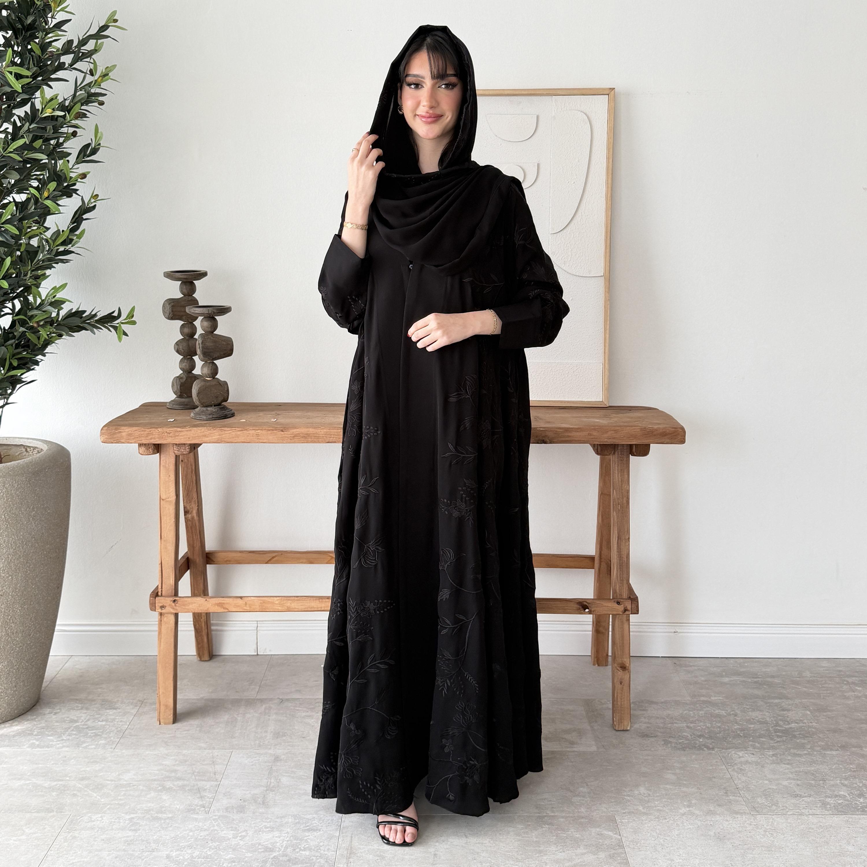 Lusin abaya Black Embroidered Butterfly Sleeves Women's Evening Double Cloche Abaya with Hijab-women-arabicclothing-abayas-image-1