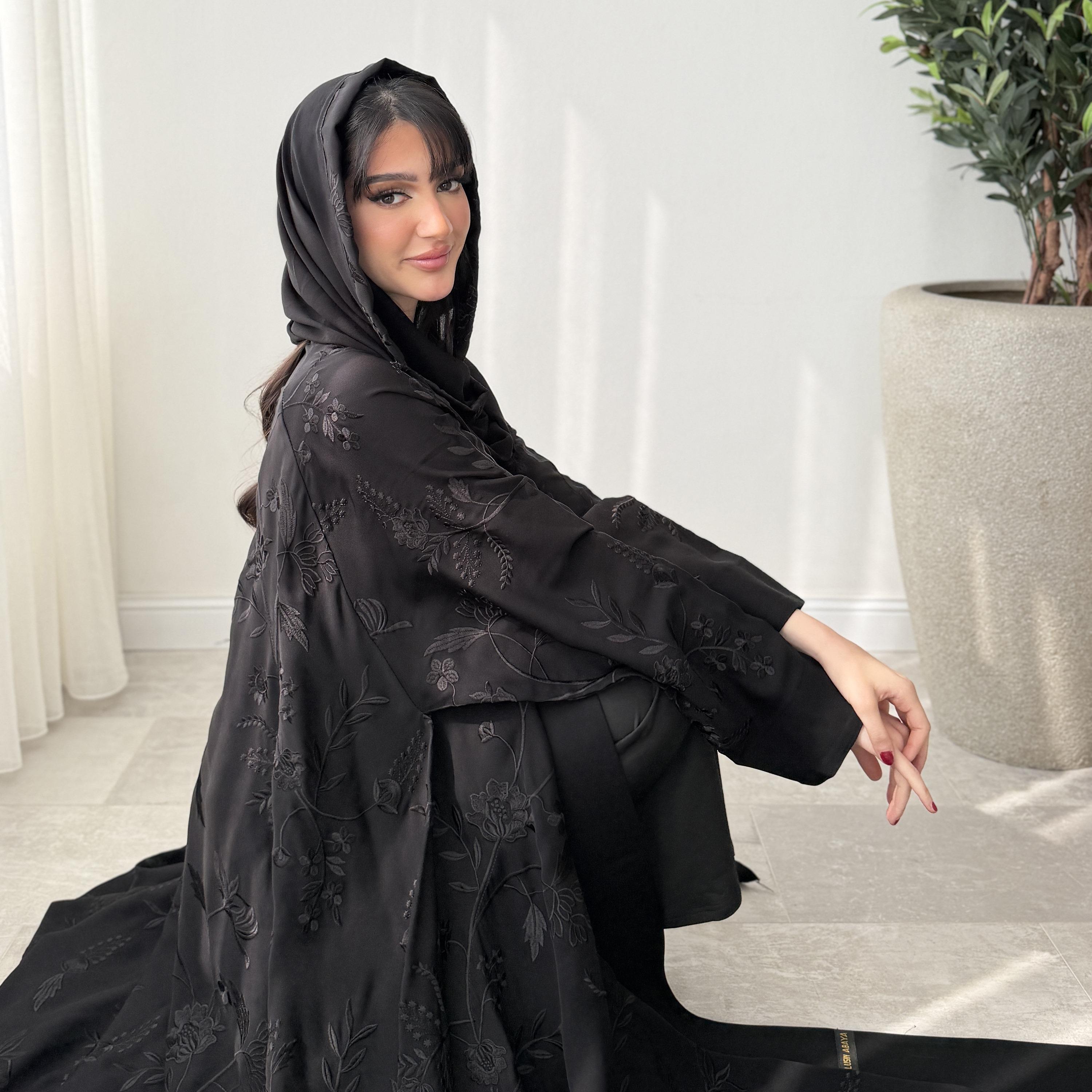 Lusin abaya Black Embroidered Butterfly Sleeves Women's Evening Double Cloche Abaya with Hijab-women-arabicclothing-abayas-image-2
