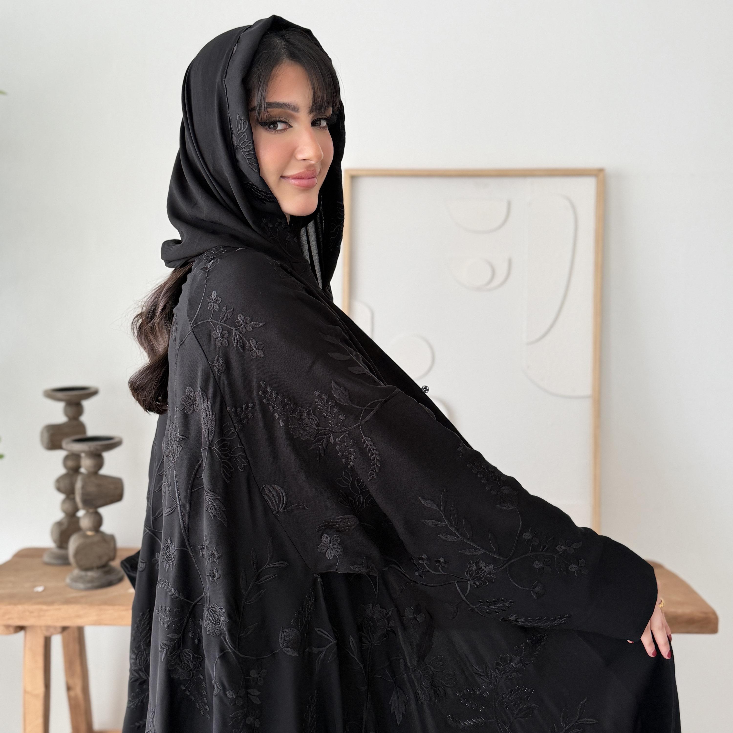 Lusin abaya Black Embroidered Butterfly Sleeves Women's Evening Double Cloche Abaya with Hijab-women-arabicclothing-abayas-image-3