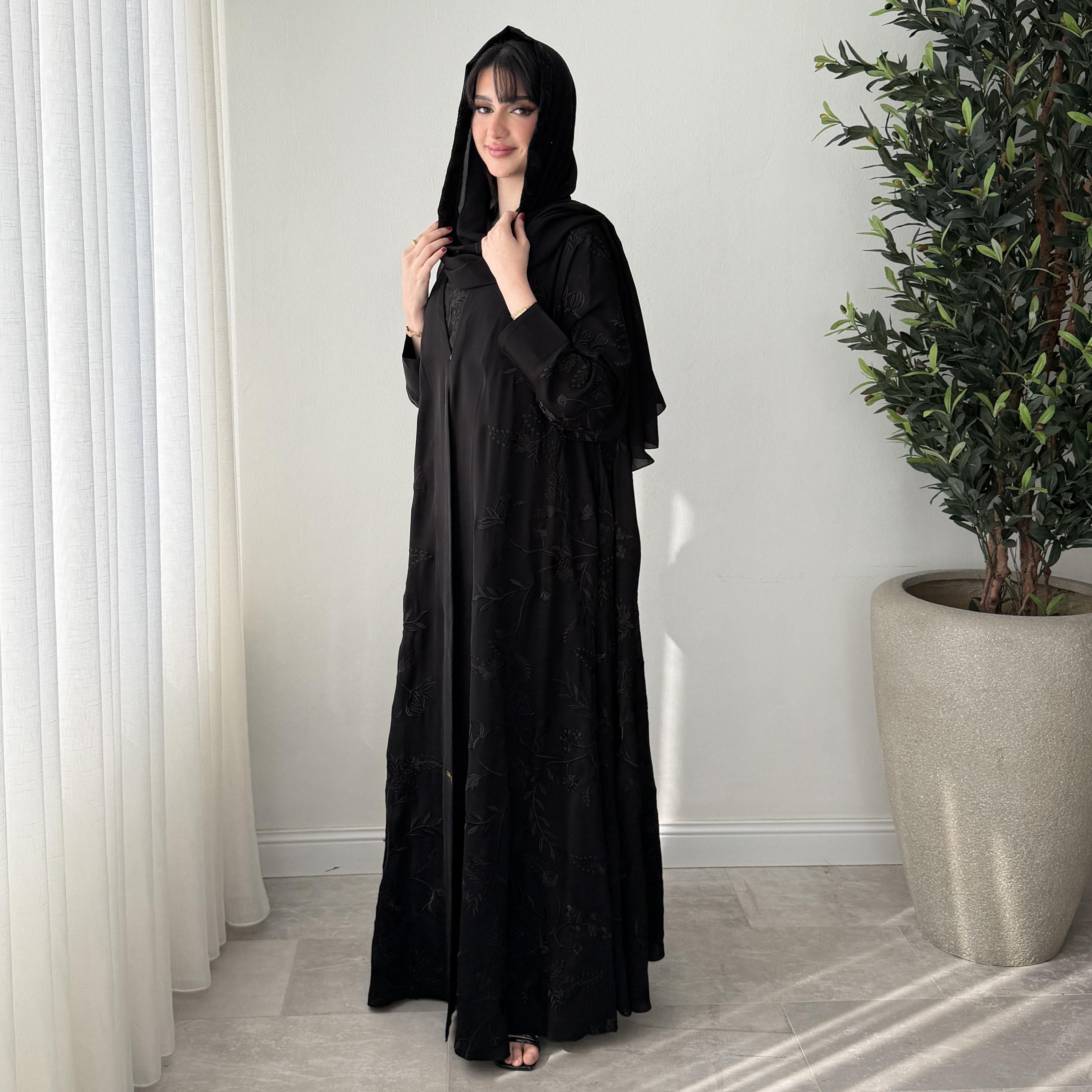 Lusin abaya Black Embroidered Butterfly Sleeves Women's Evening Double Cloche Abaya with Hijab-women-arabicclothing-abayas-image-4