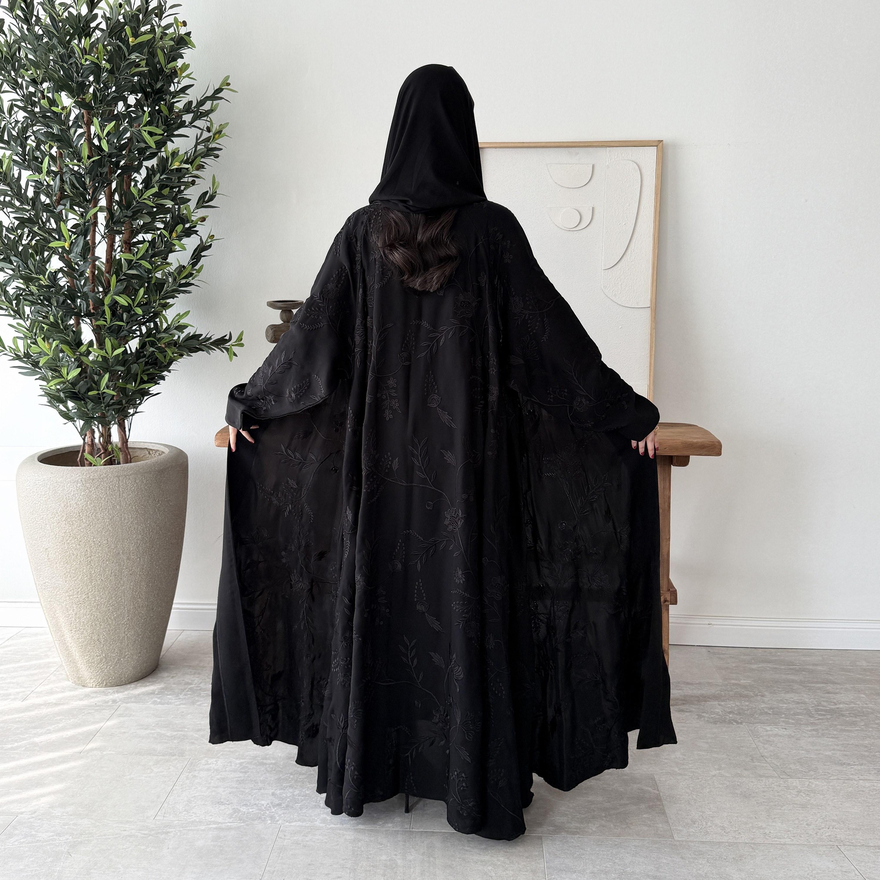 Lusin abaya Black Embroidered Butterfly Sleeves Women's Evening Double Cloche Abaya with Hijab-women-arabicclothing-abayas-image-5