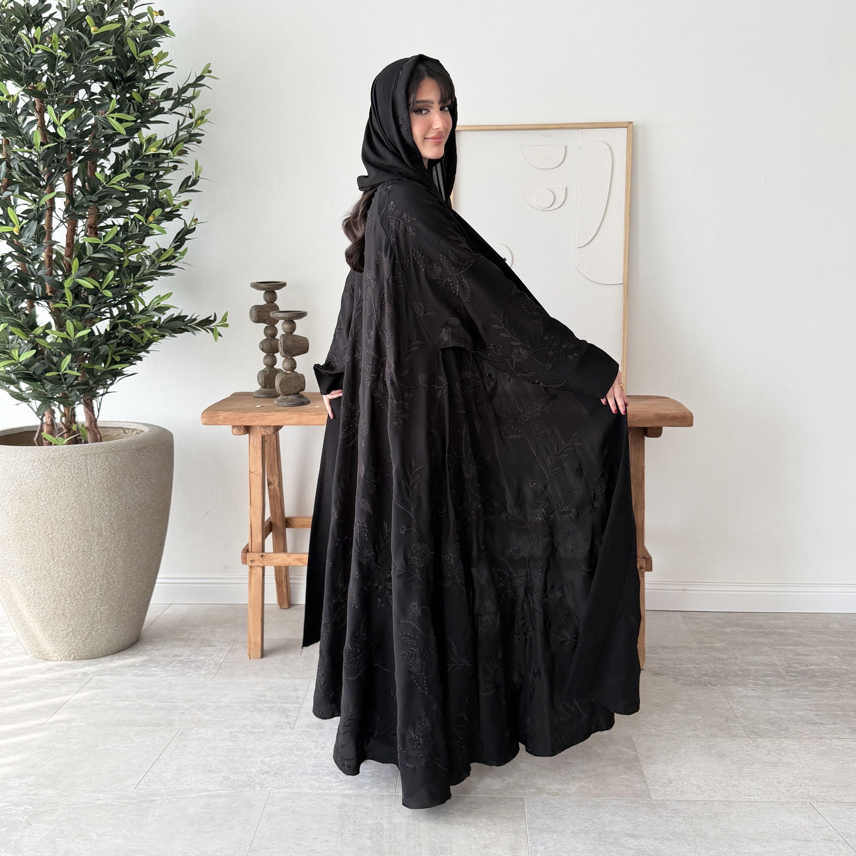 Lusin abaya Black Embroidered Butterfly Sleeves Women's Evening Double Cloche Abaya with Hijab-women-arabicclothing-abayas-image-6