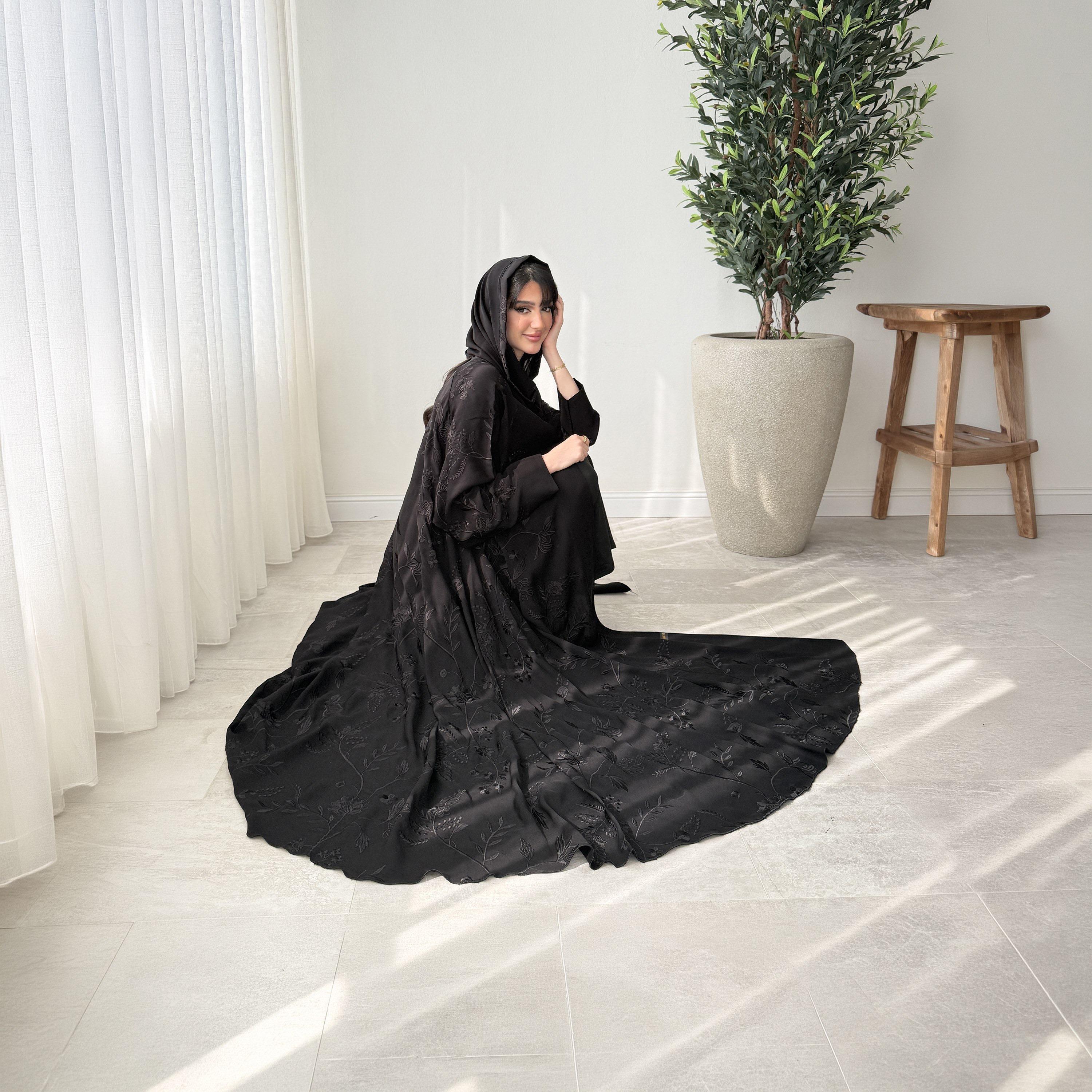 Lusin abaya Black Embroidered Butterfly Sleeves Women's Evening Double Cloche Abaya with Hijab-women-arabicclothing-abayas-image-7
