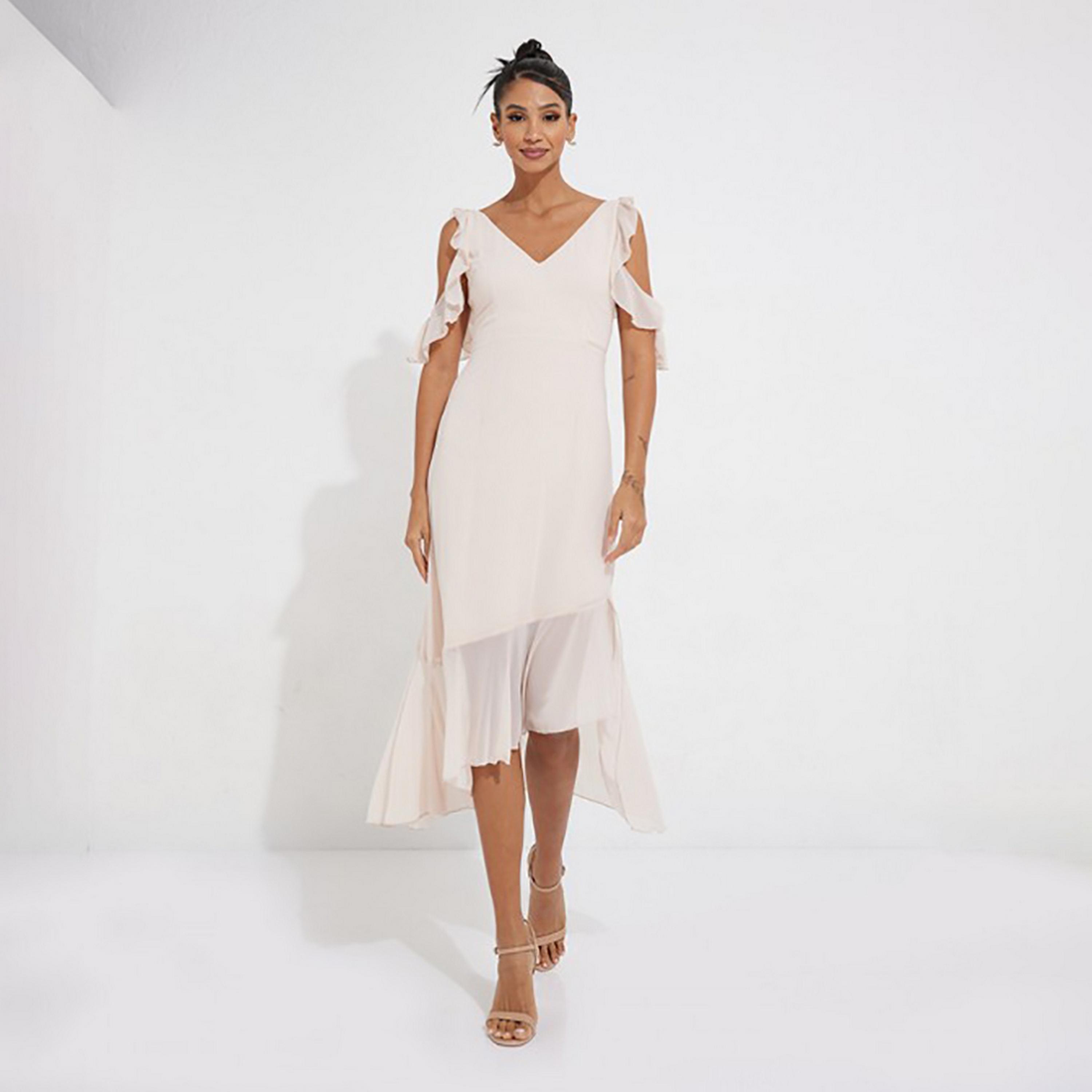 Little Mistress Beige Plain Plunge Neck Asymmetric Midi Women's Dress-women-clothing-dresses-image-1