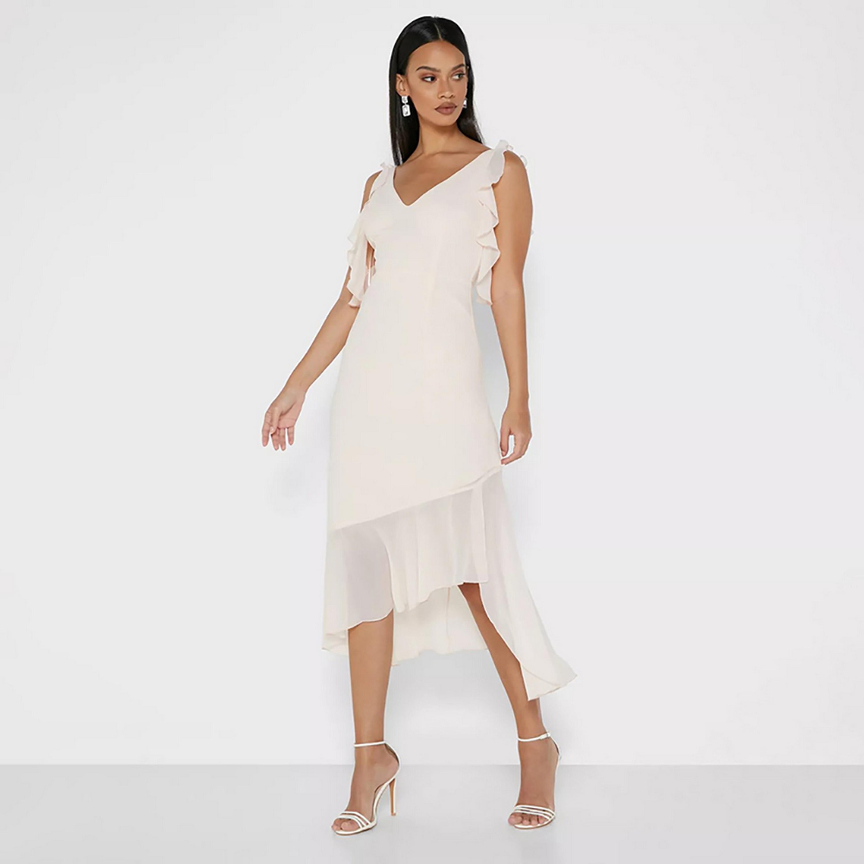Little Mistress Beige Plain Plunge Neck Asymmetric Midi Women's Dress-women-clothing-dresses-image-2