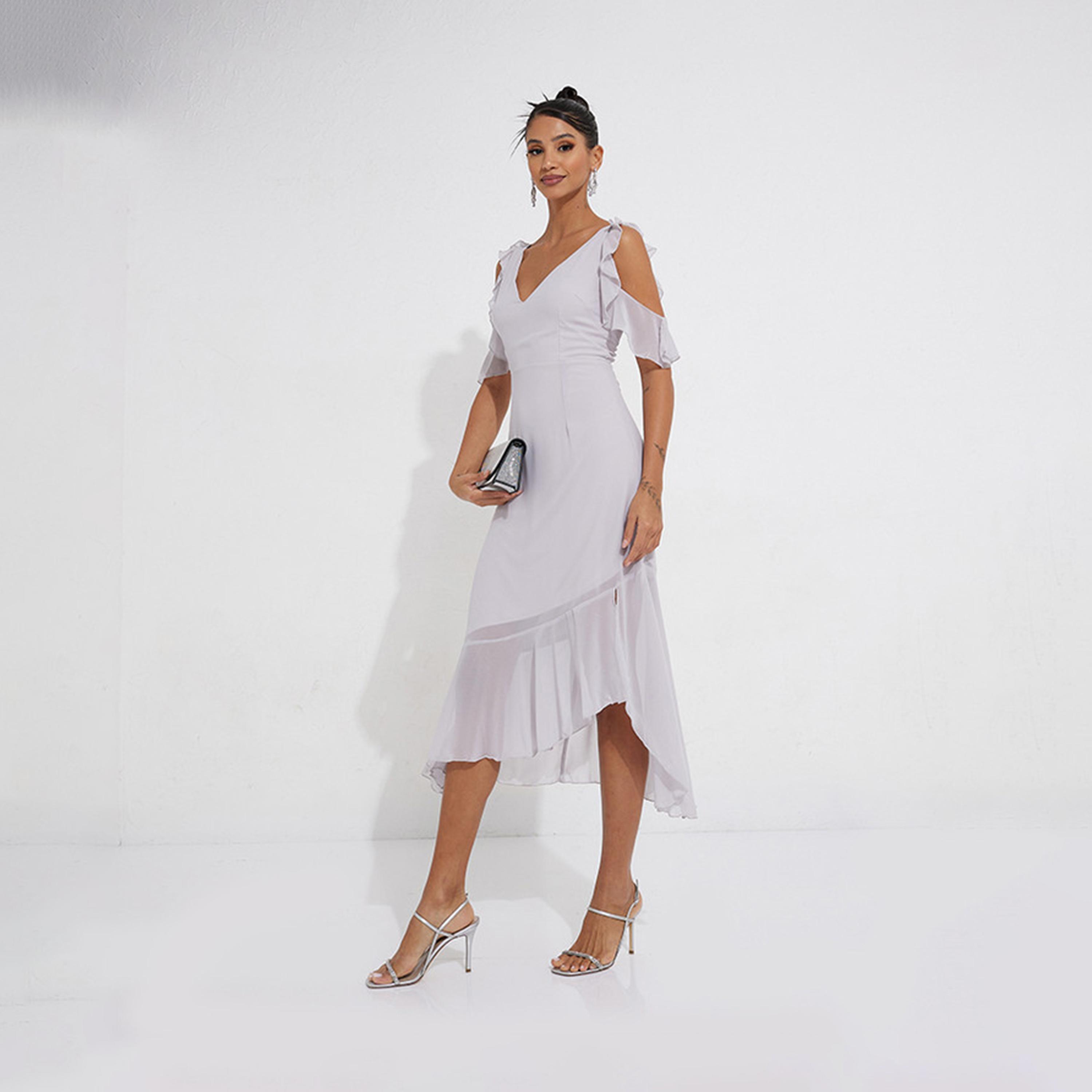 Little Mistress Ruffle V-neck Asymmetric Midi Dress with Short Sleeves-women-clothing-dresses-image-2