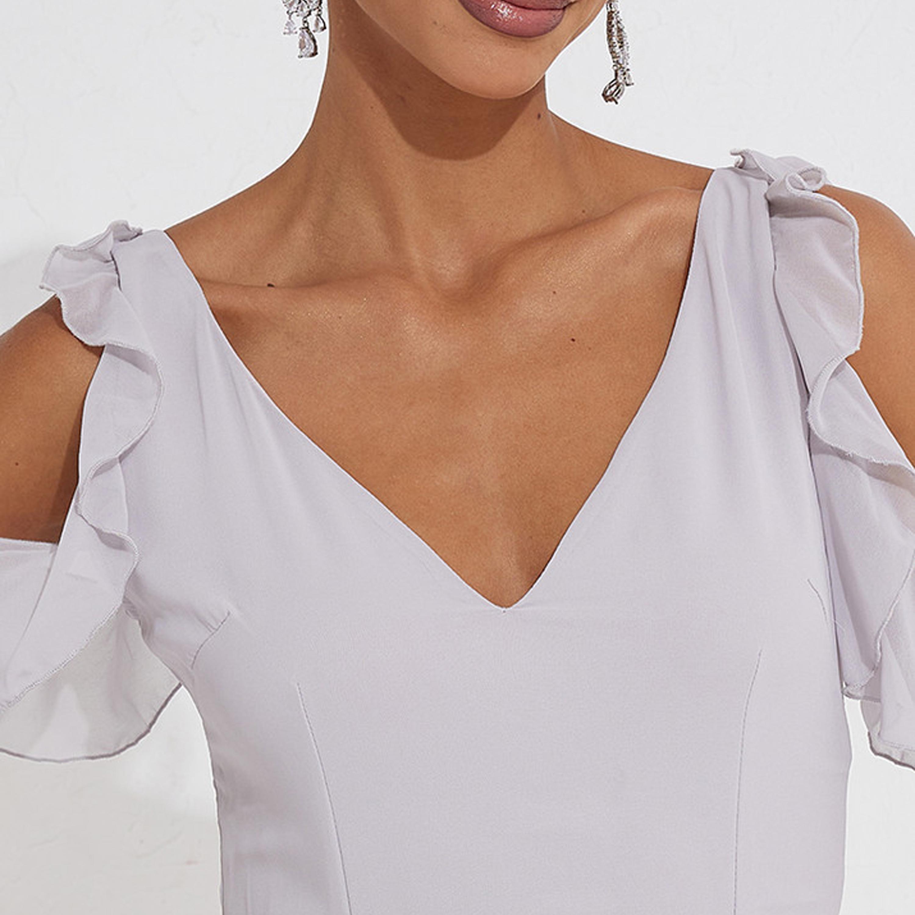 Little Mistress Ruffle V-neck Asymmetric Midi Dress with Short Sleeves-women-clothing-dresses-image-3