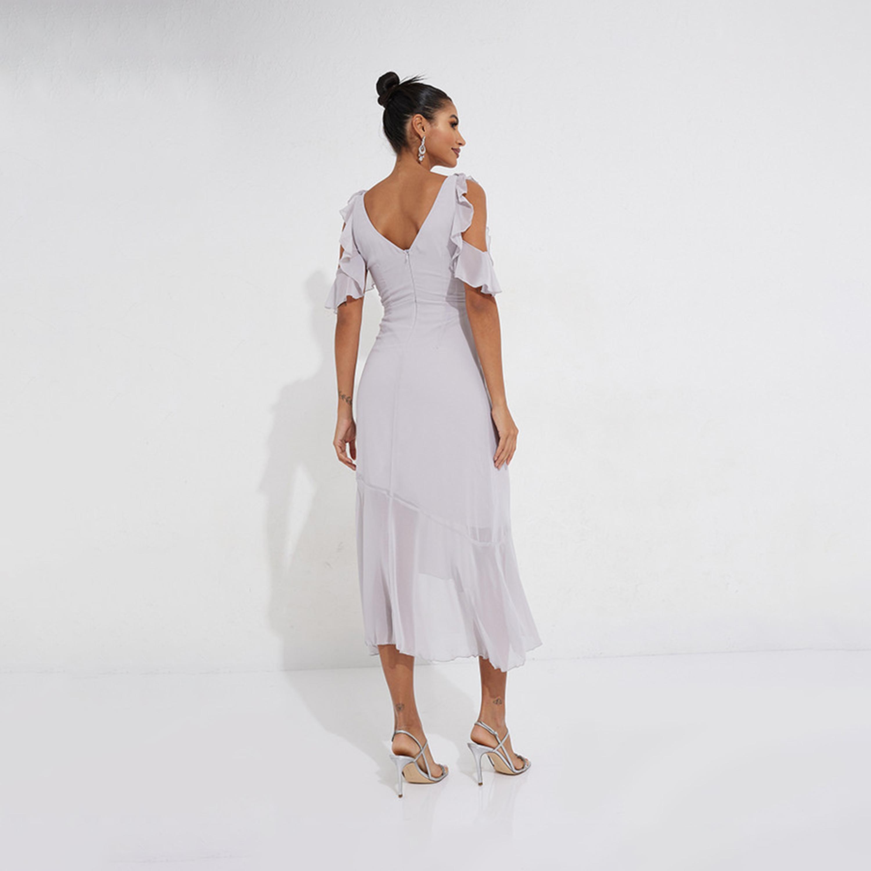 Little Mistress Ruffle V-neck Asymmetric Midi Dress with Short Sleeves-women-clothing-dresses-image-4