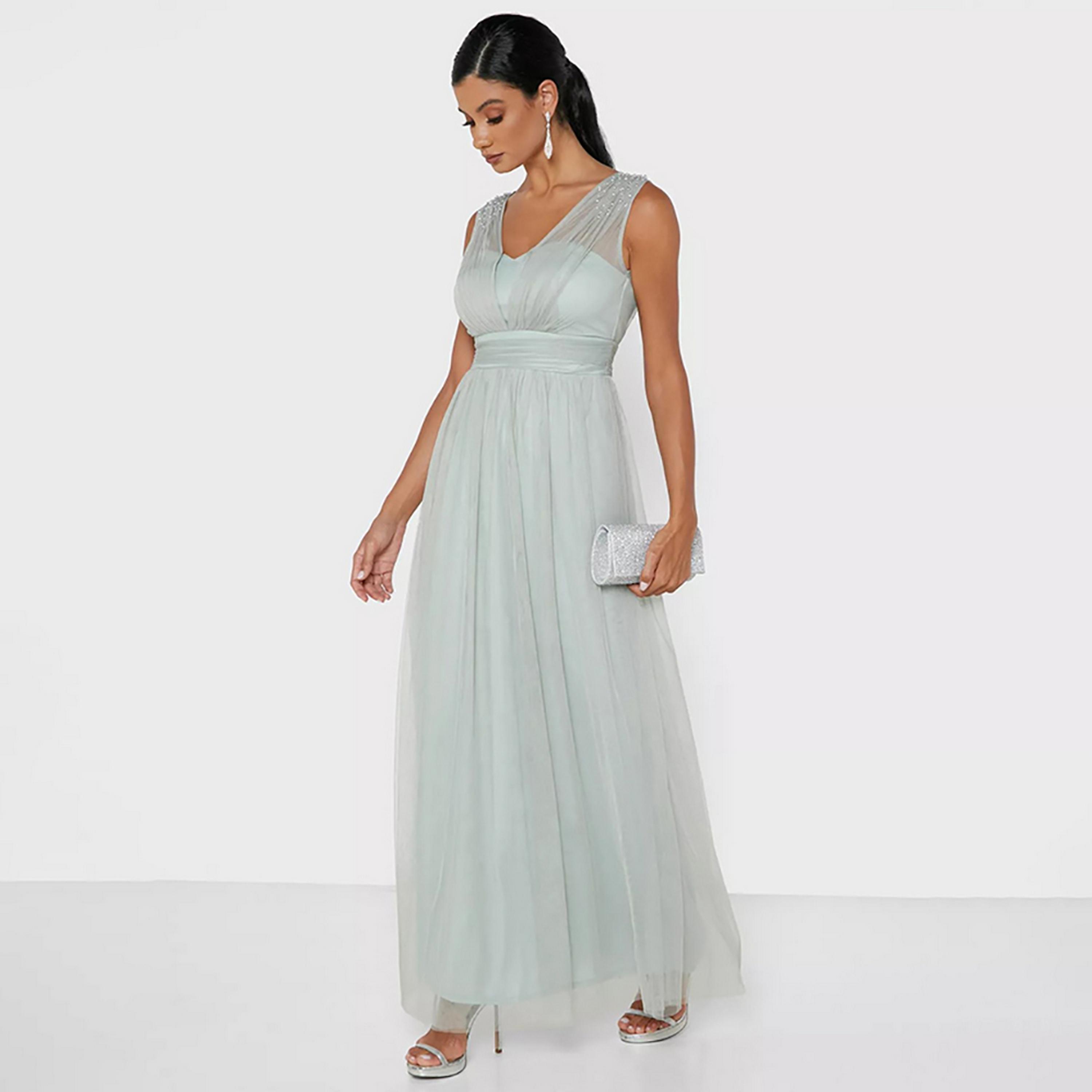 Little Mistress Green Plain Evening Fit and Flared Maxi Women's Dress-women-clothing-dresses-image-1