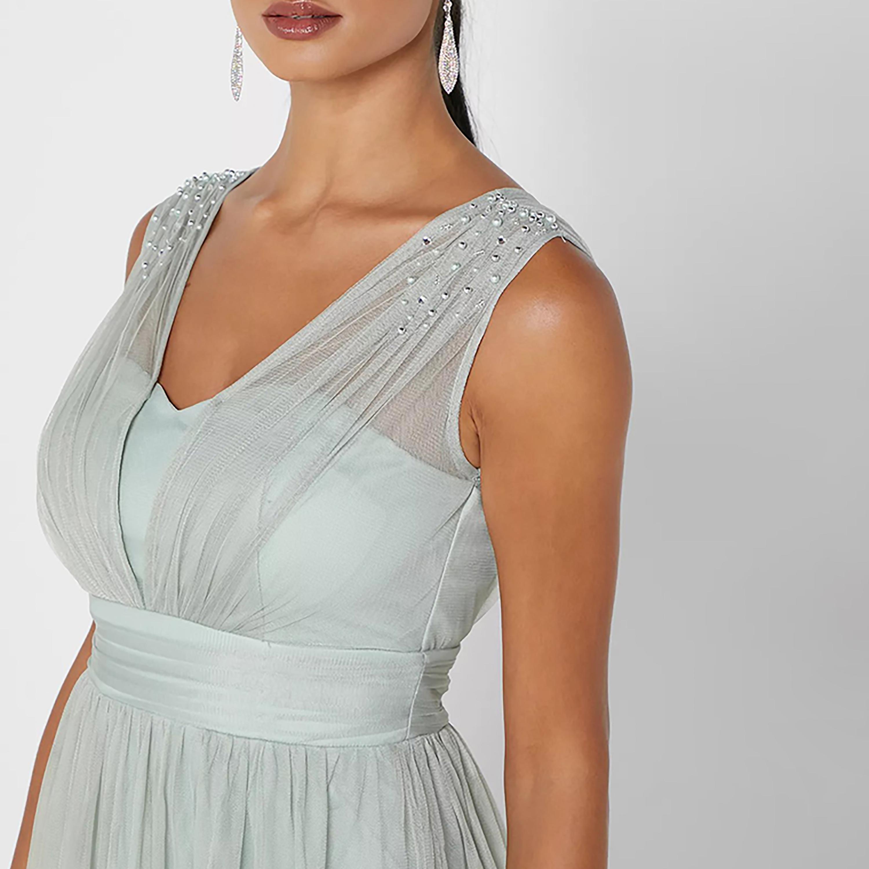 Little Mistress Green Plain Evening Fit and Flared Maxi Women's Dress-women-clothing-dresses-image-2