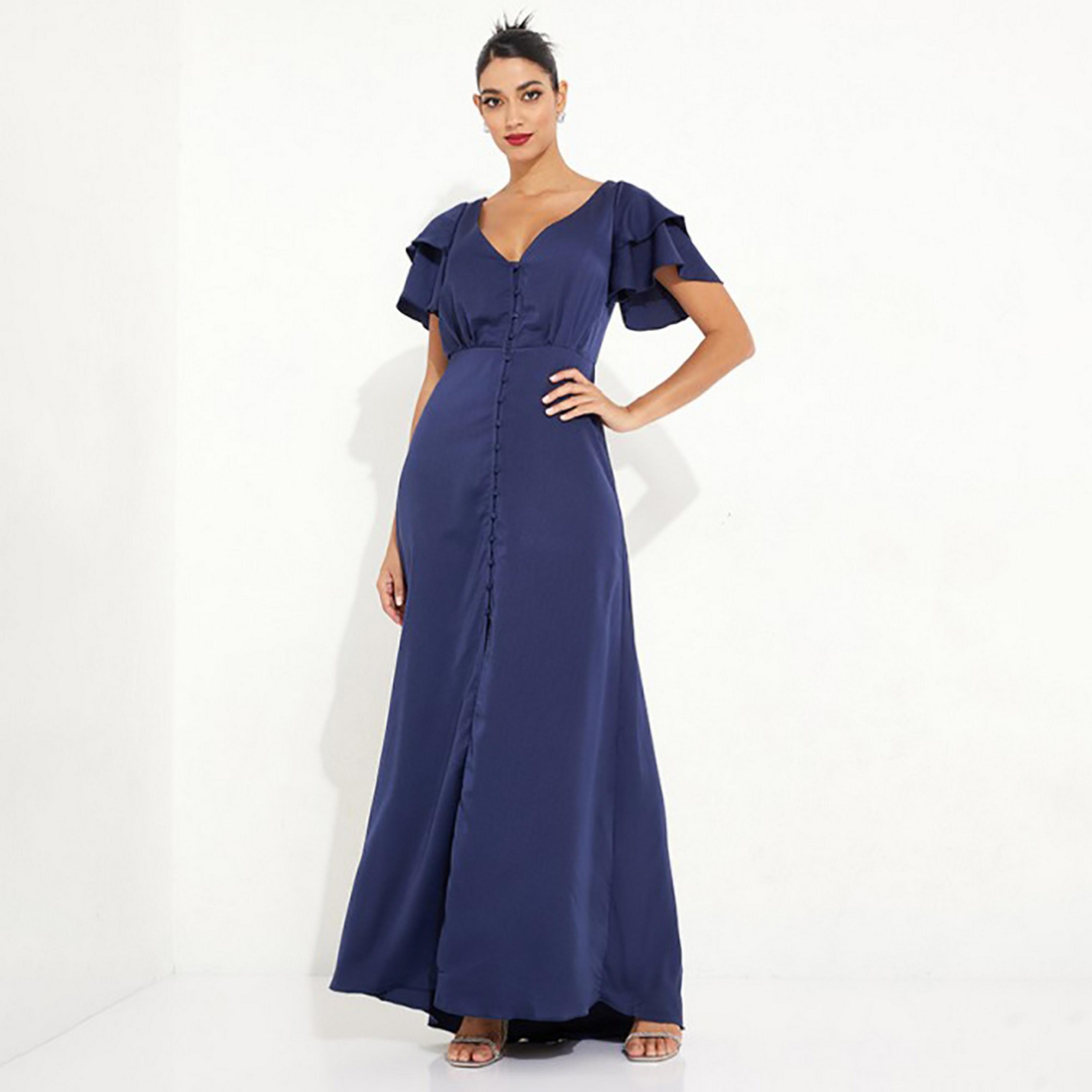 Little Mistress Blue Plain Plunge Neck Flutter Sleeves Fit and Flared Maxi Women's Dress-women-clothing-dresses-image-1