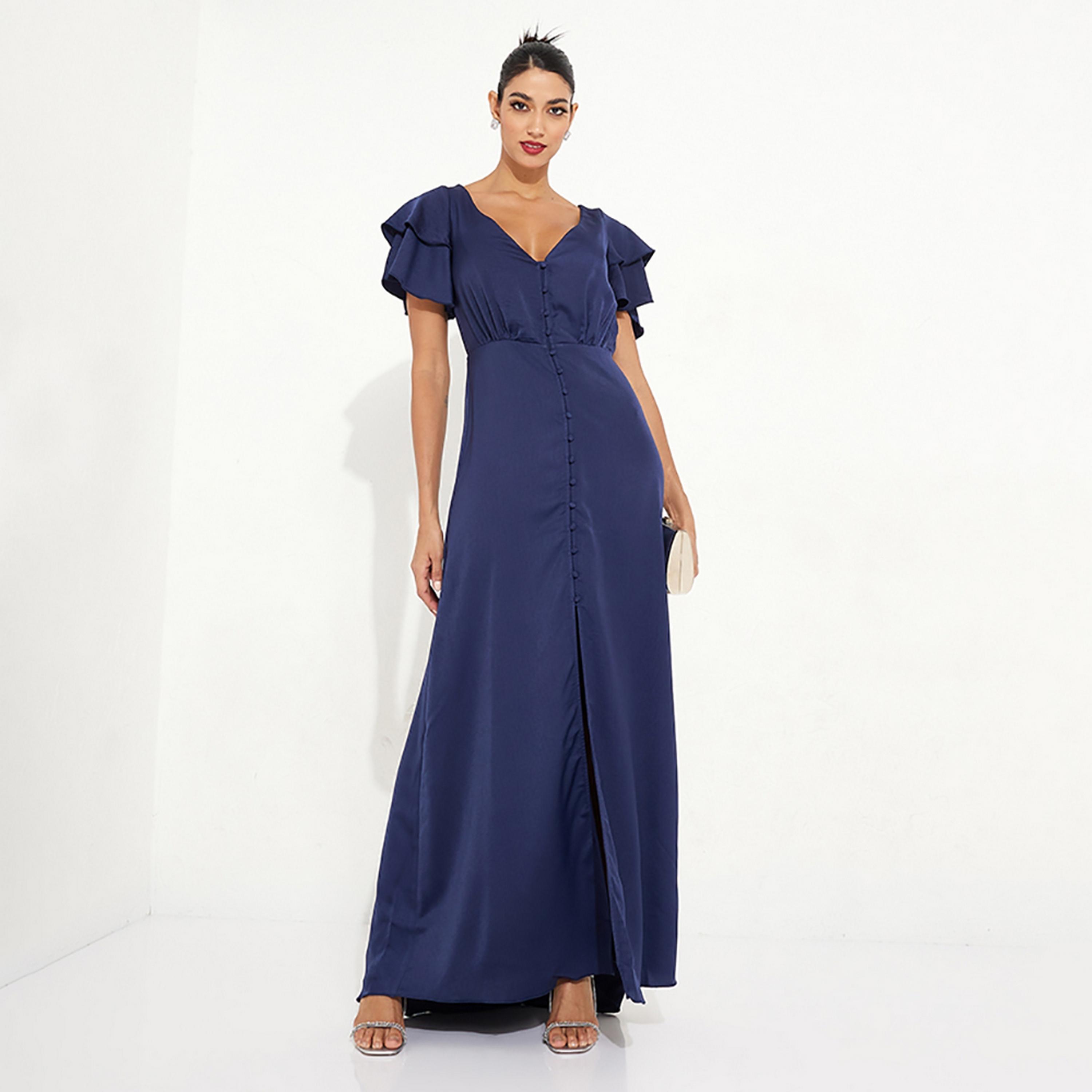 Little Mistress Blue Plain Plunge Neck Flutter Sleeves Fit and Flared Maxi Women's Dress-women-clothing-dresses-image-3