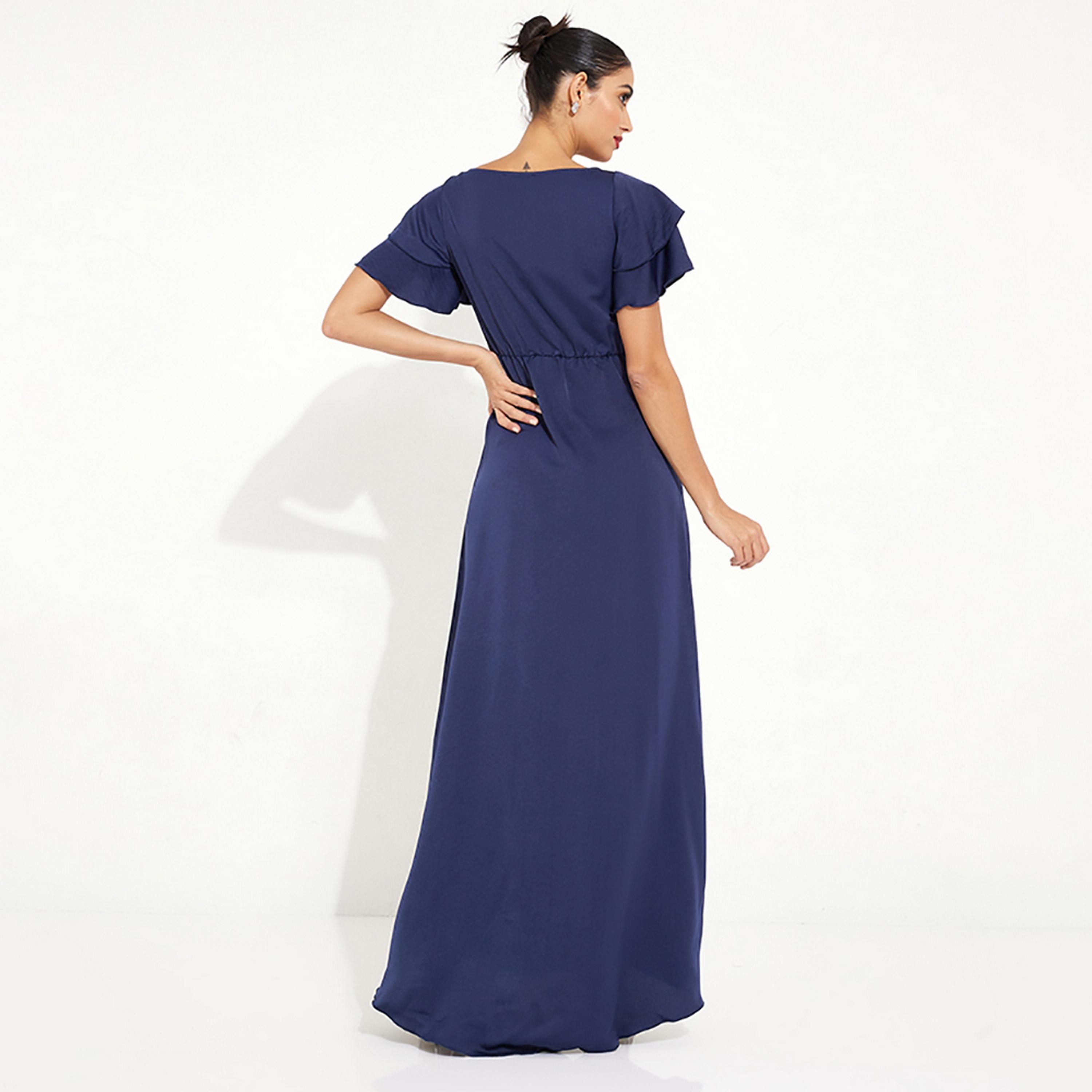 Little Mistress Blue Plain Plunge Neck Flutter Sleeves Fit and Flared Maxi Women's Dress-women-clothing-dresses-image-4