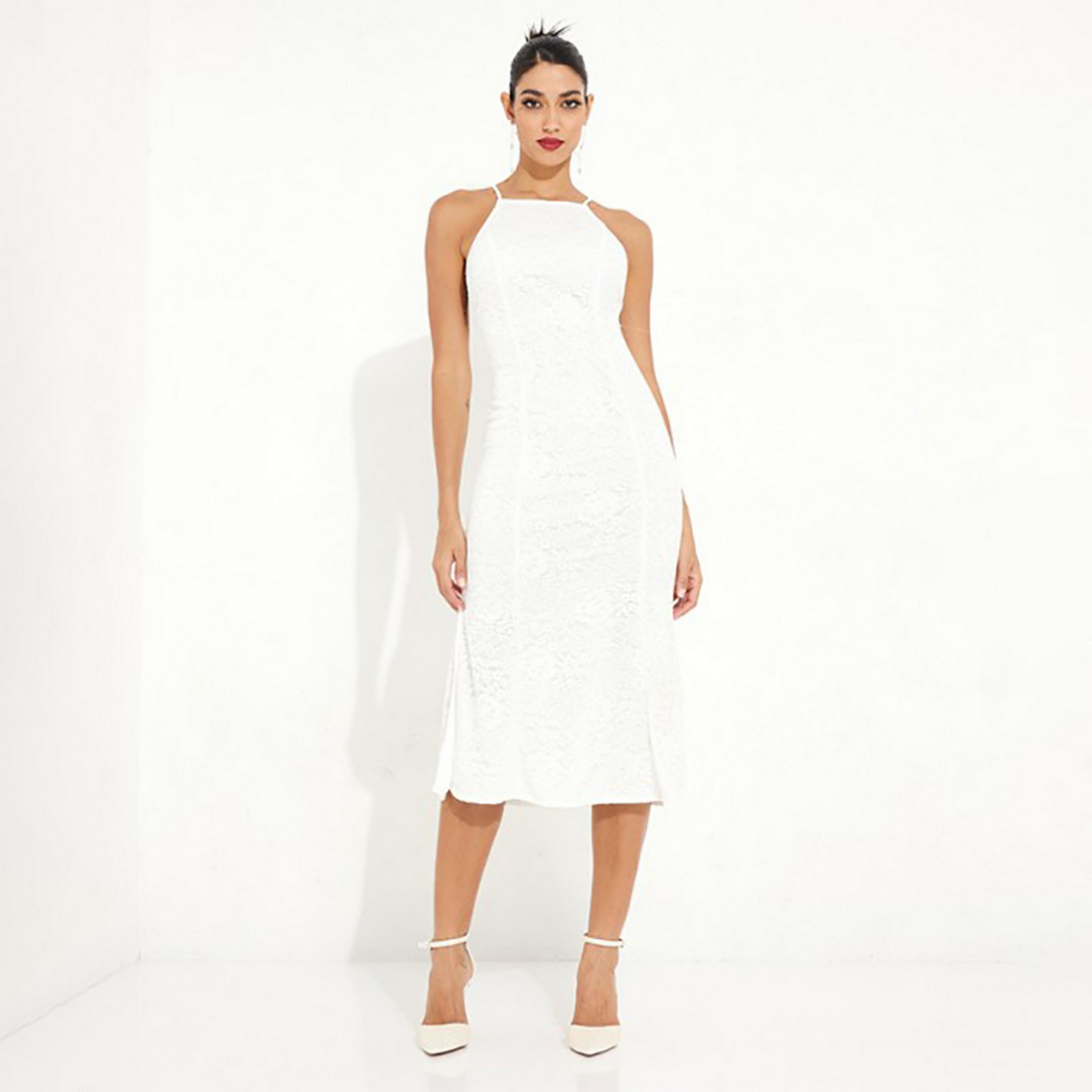 Little Mistress White Plain Halter Neck Bridal Midi Women's Dress-women-clothing-dresses-image-3