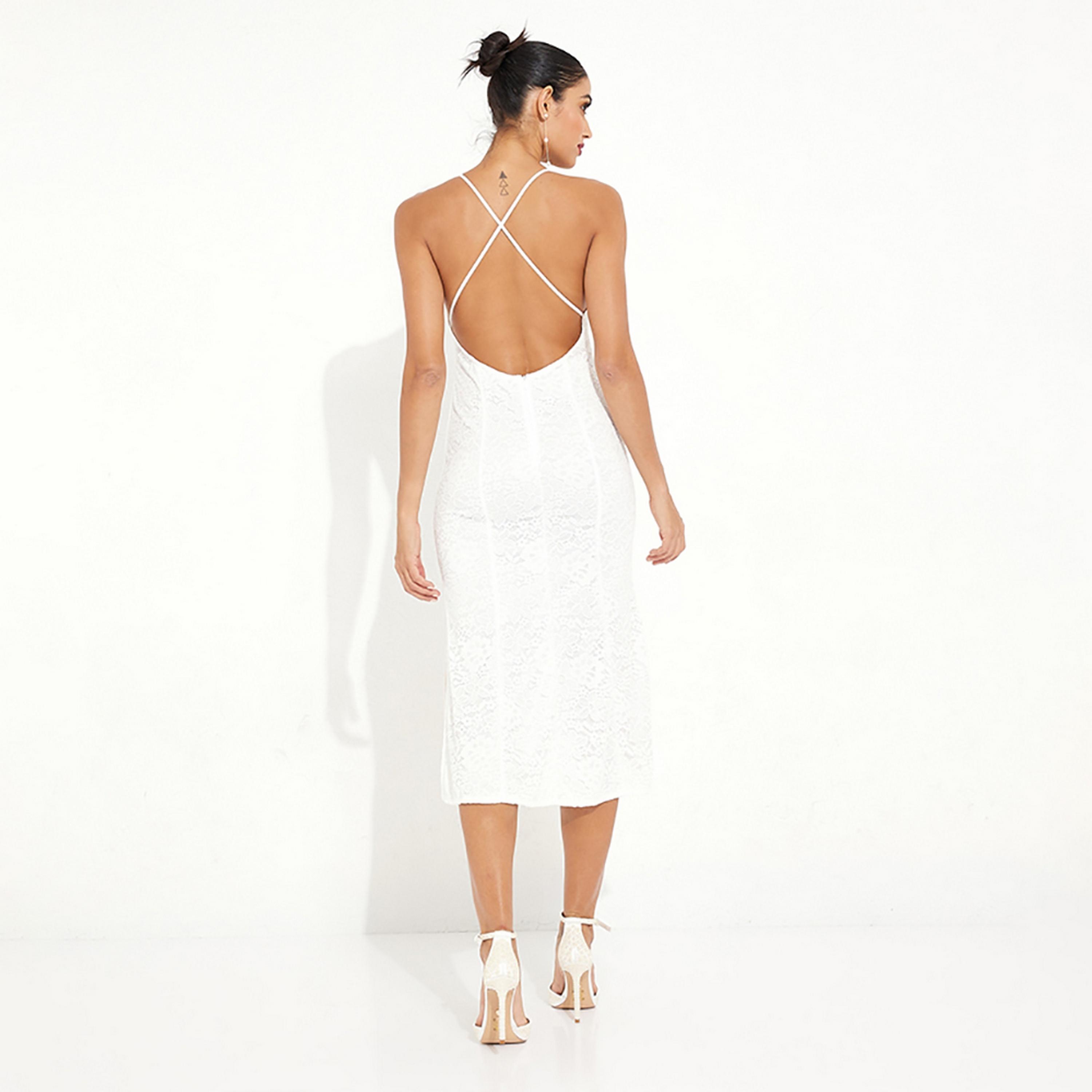 Little Mistress White Plain Halter Neck Bridal Midi Women's Dress-women-clothing-dresses-image-4