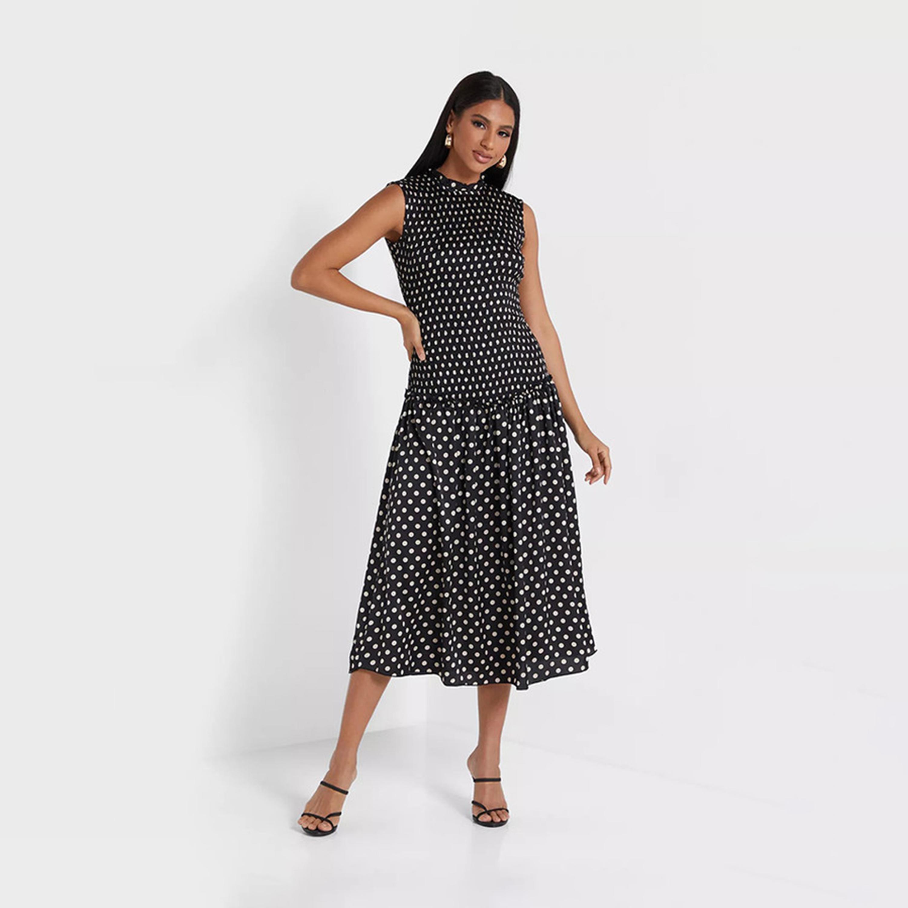 فستان ميدي سكيتر ذو بولكا دوت برقبة مكشكشة بلون أسود من ليتل ميستريس -women-clothing-dresses-image-1