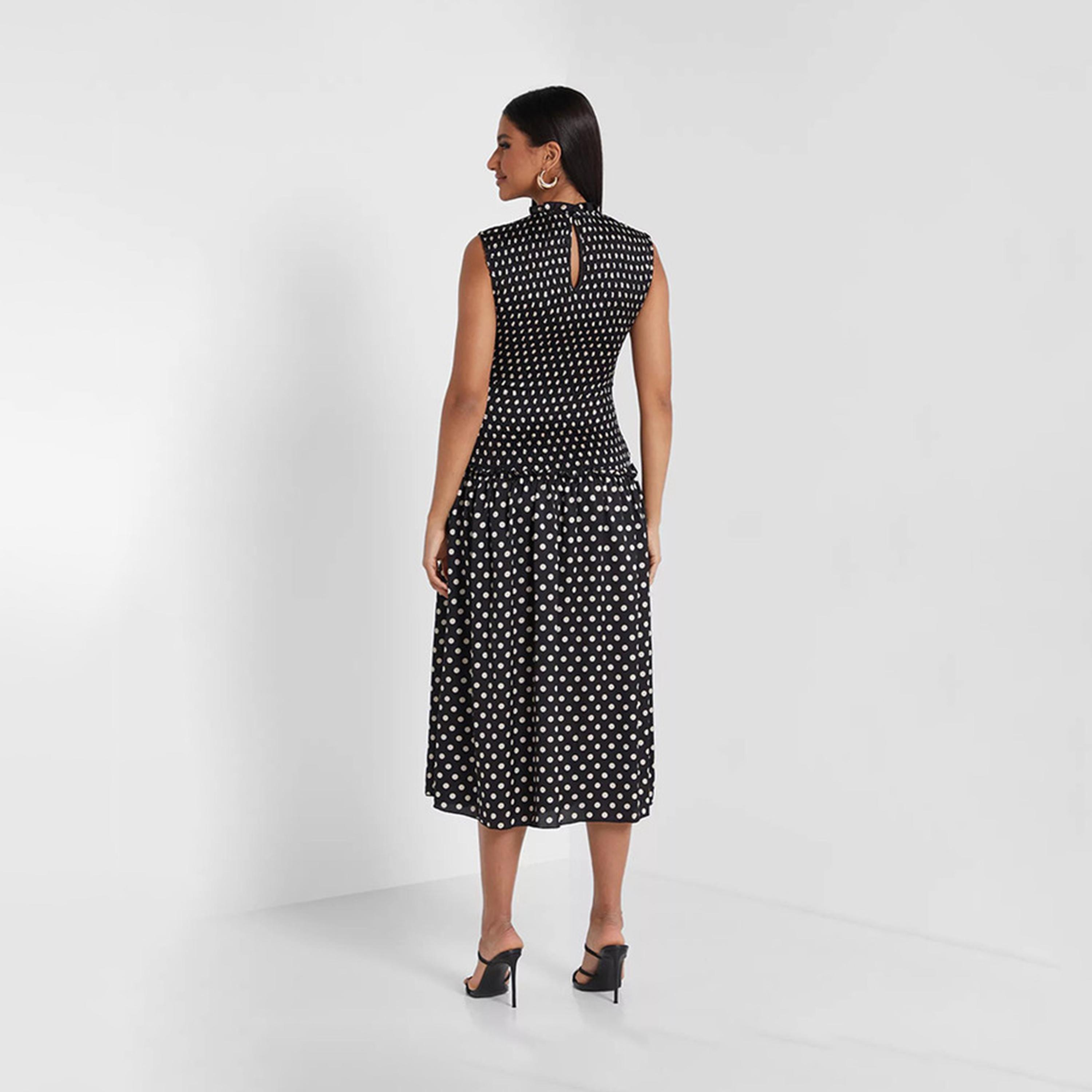 Little Mistress Black Polka Dot Ruffled Neck Skater Midi Dress-women-clothing-dresses-image-2