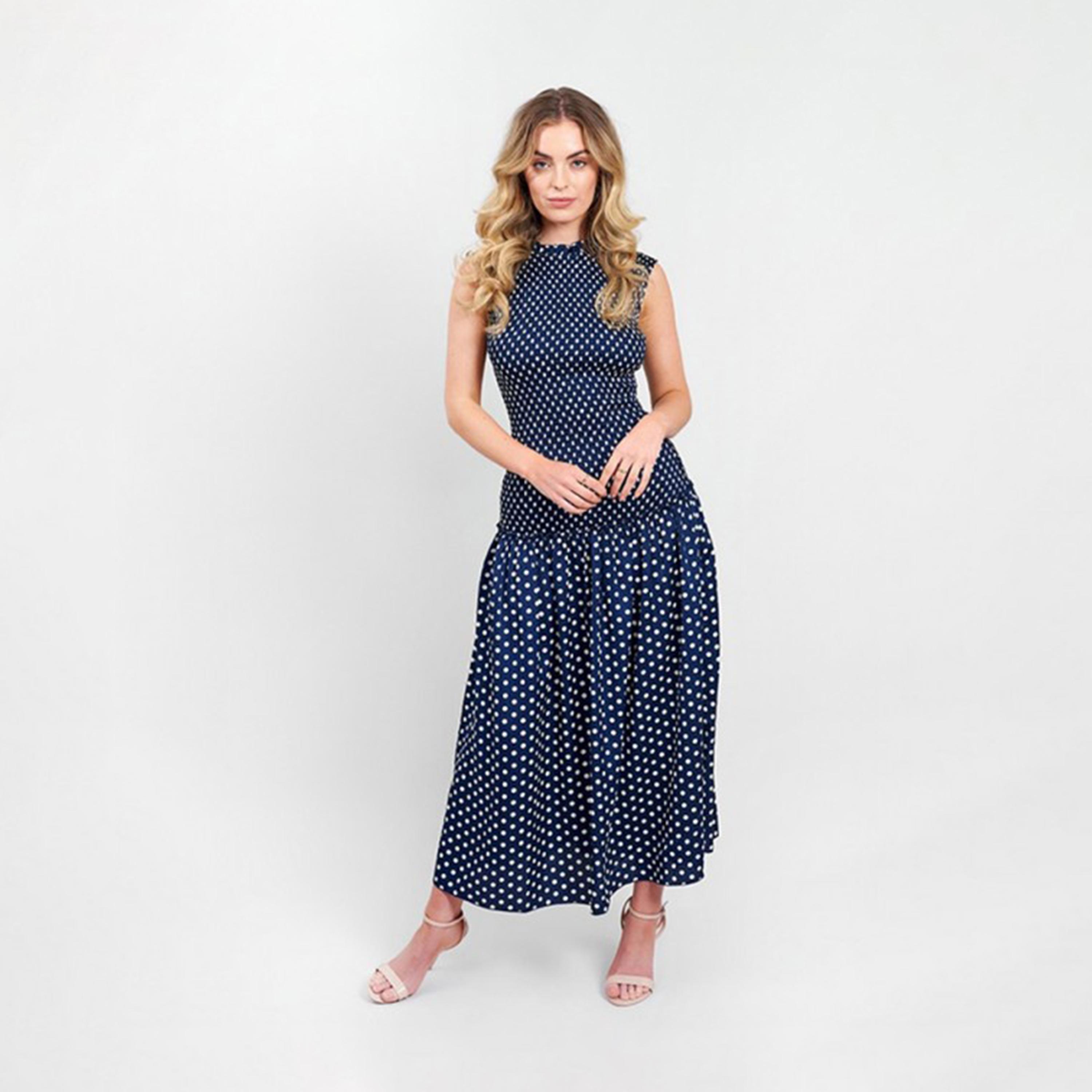 فستان ماكسي برقبة مكشكشة ذو بولكا دوت من ليتل ميسترس باللون الأزرق -women-clothing-dresses-image-1