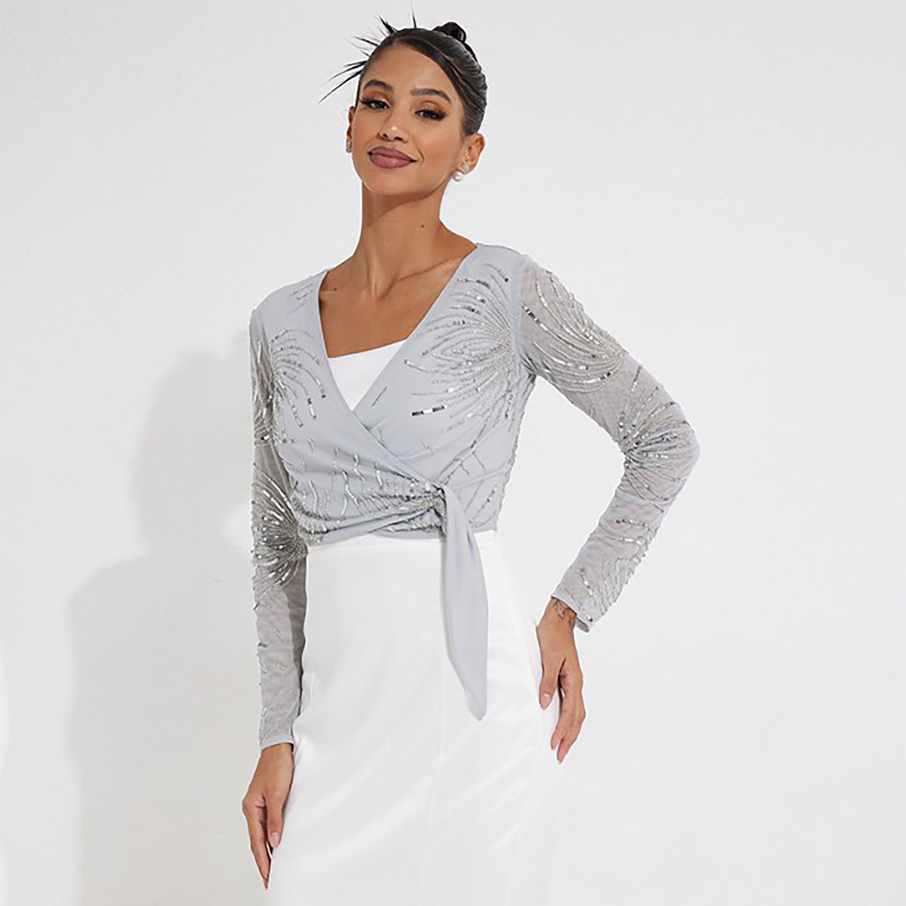 Little Mistress Blue Sequins Plunge Neck Long Sleeves Women's Crop Top-women-clothing-shirtsandblouses-blouses-image-1