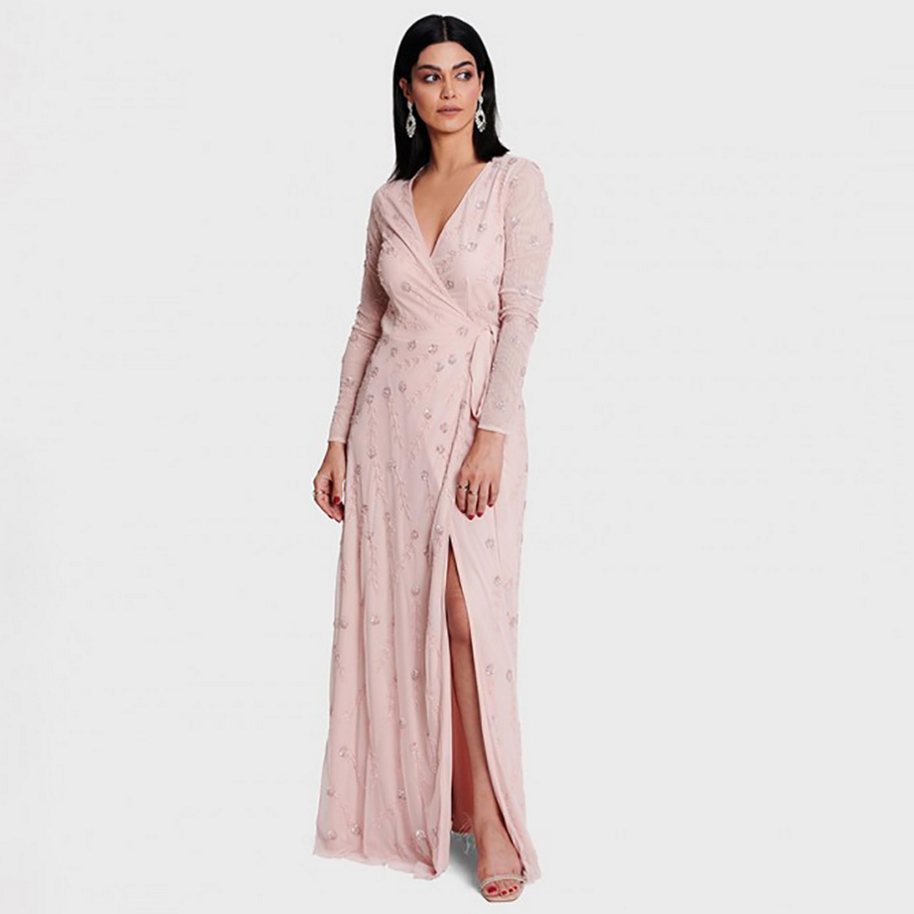 Little Mistress Pink Sequins Plunge Neck Evening Wrap Midi Women's Dress-women-clothing-dresses-image-1