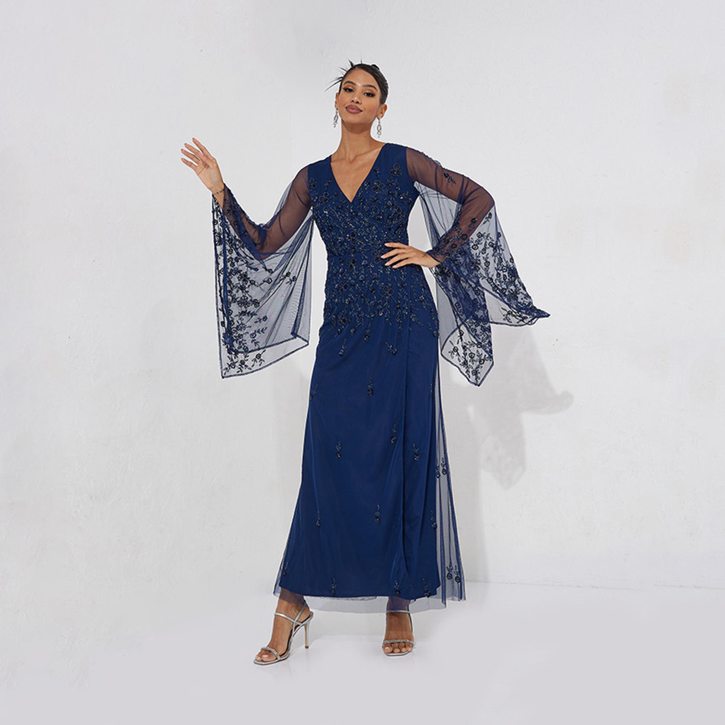 Buy Little Mistress Embellished V-neck Wrap Maxi Dress with Long Sleeves  Online | Centrepoint Qatar