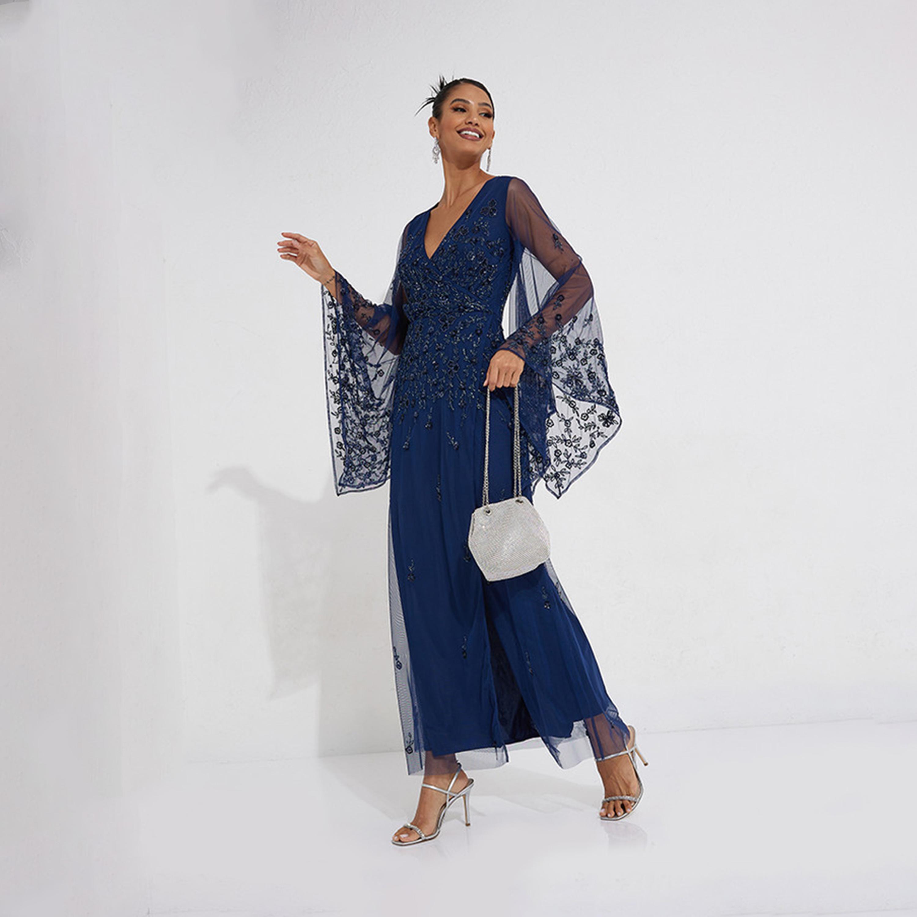ليتل مسترس- فستان ماكسي ملفوف ياقة على شكل V أكمام طويلة-women-clothing-dresses-image-2