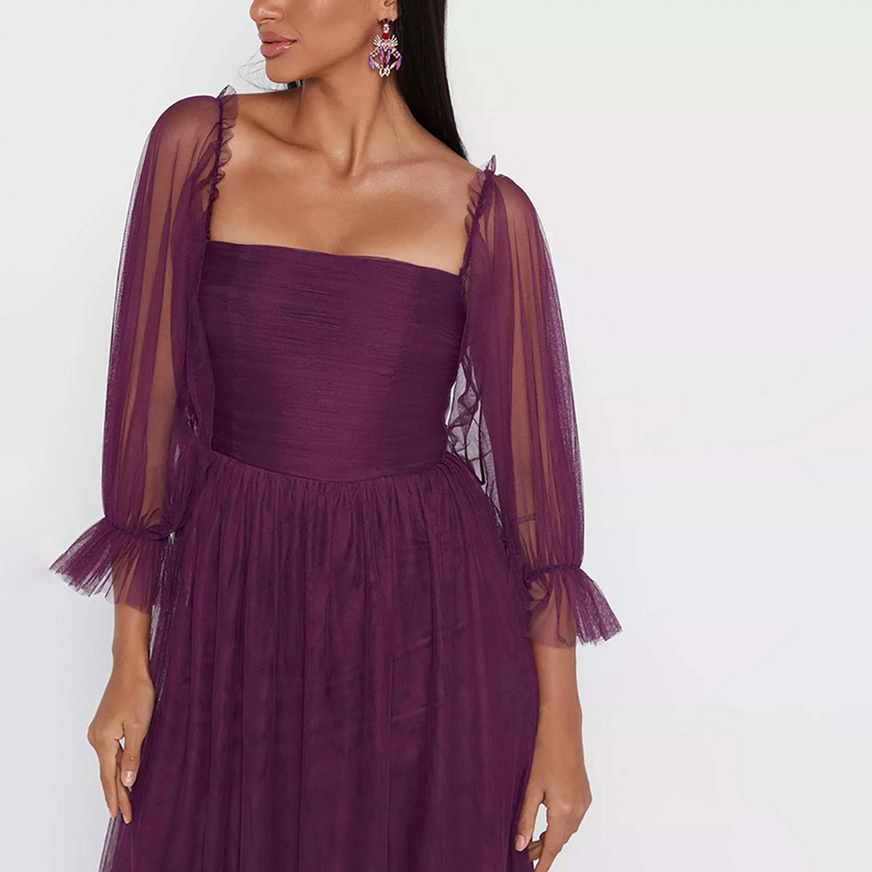Little Mistress Purple Plain Evening Fit and Flared Midi Women's Dress-women-clothing-dresses-image-2