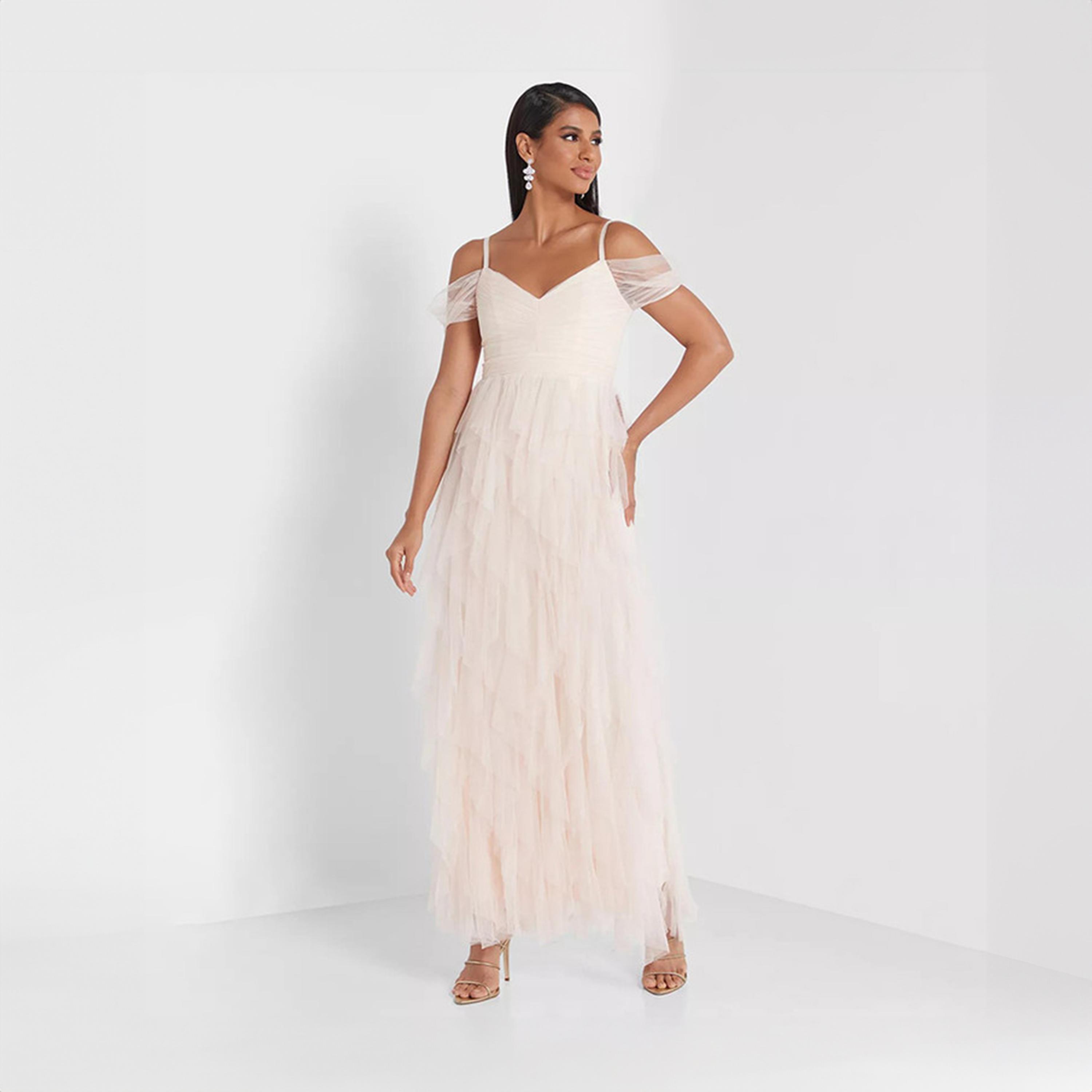 فستان ماكسي بكتف مكشوف بيج مكشكش من ليتل ميستريس -women-clothing-dresses-image-1