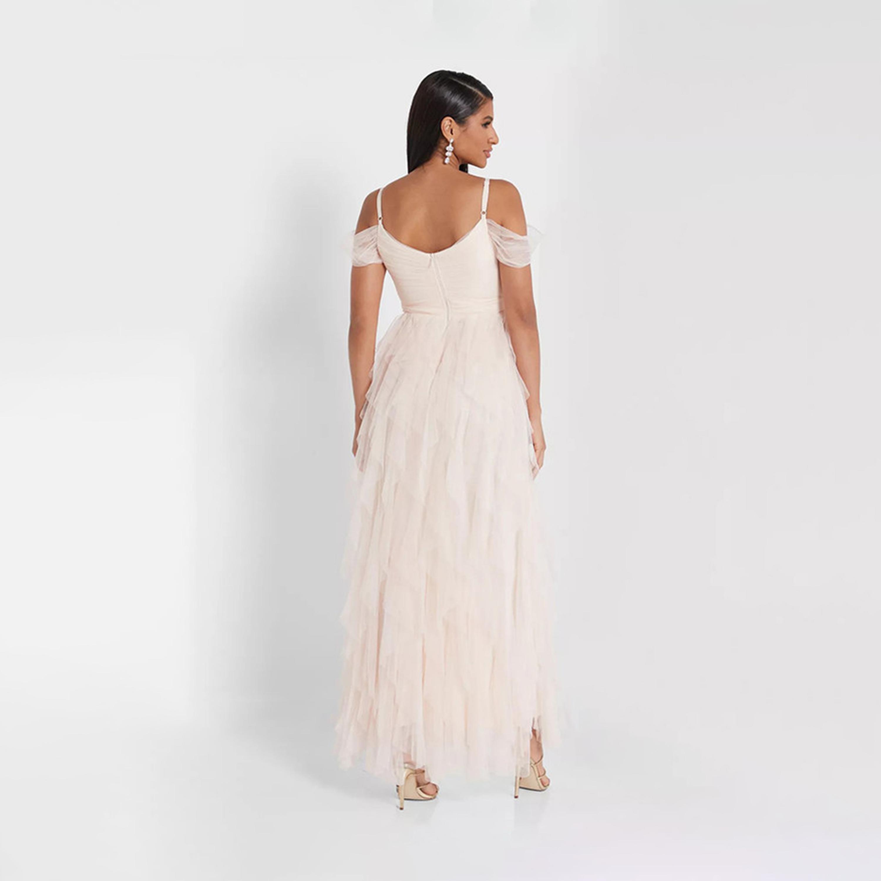 فستان ماكسي بكتف مكشوف بيج مكشكش من ليتل ميستريس -women-clothing-dresses-image-2