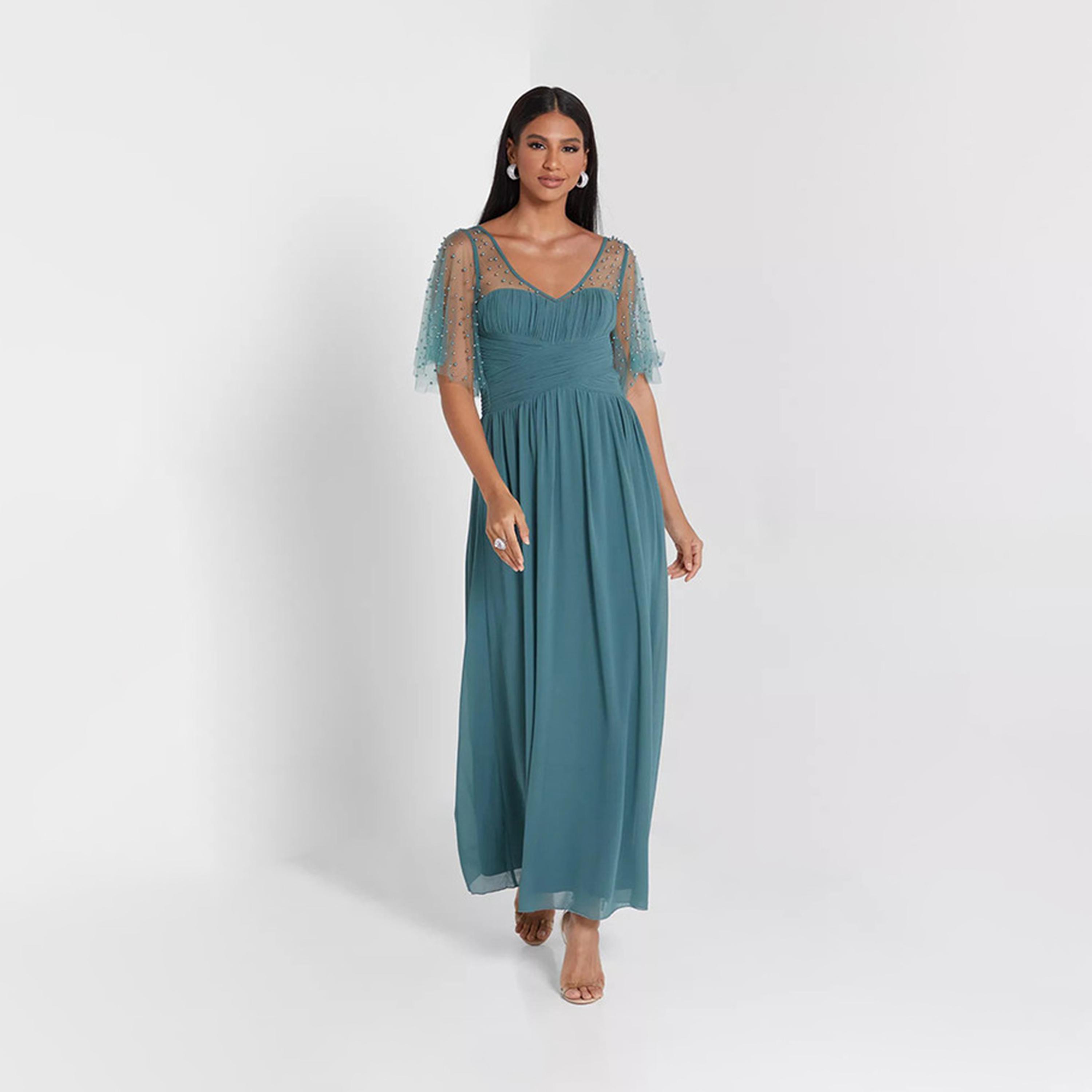 Little Mistress Green Pearl Detail Evening Dress-women-clothing-dresses-image-1