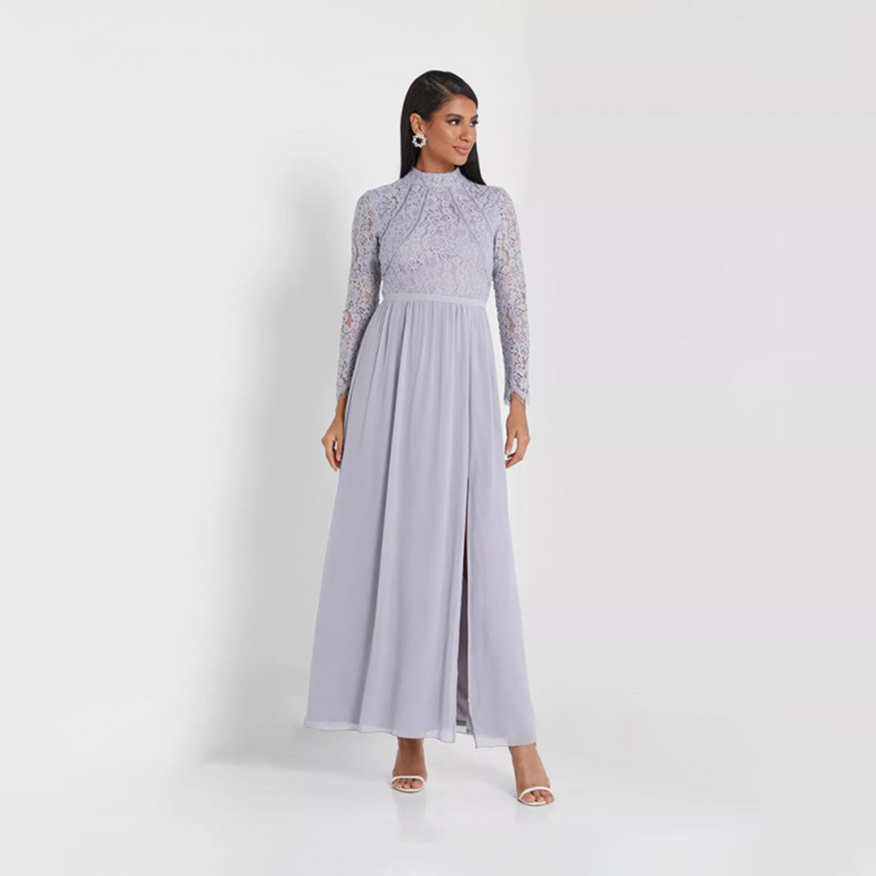 فستان ماكسي بفتحة ورقبة عالية من الدانتيل باللون الأرجواني من ليتل ميسترس -women-clothing-dresses-image-1