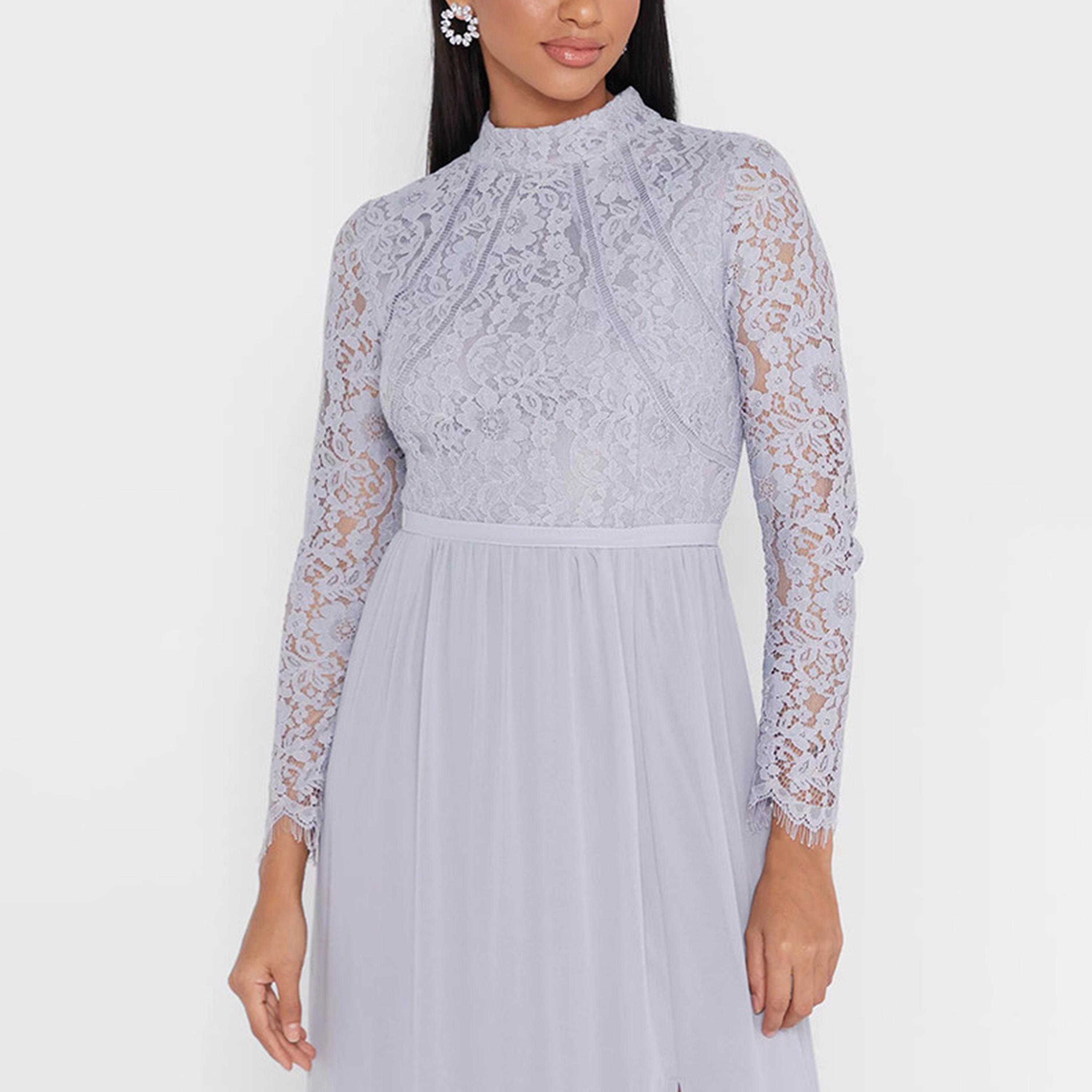 فستان ماكسي بفتحة ورقبة عالية من الدانتيل باللون الأرجواني من ليتل ميسترس -women-clothing-dresses-image-2