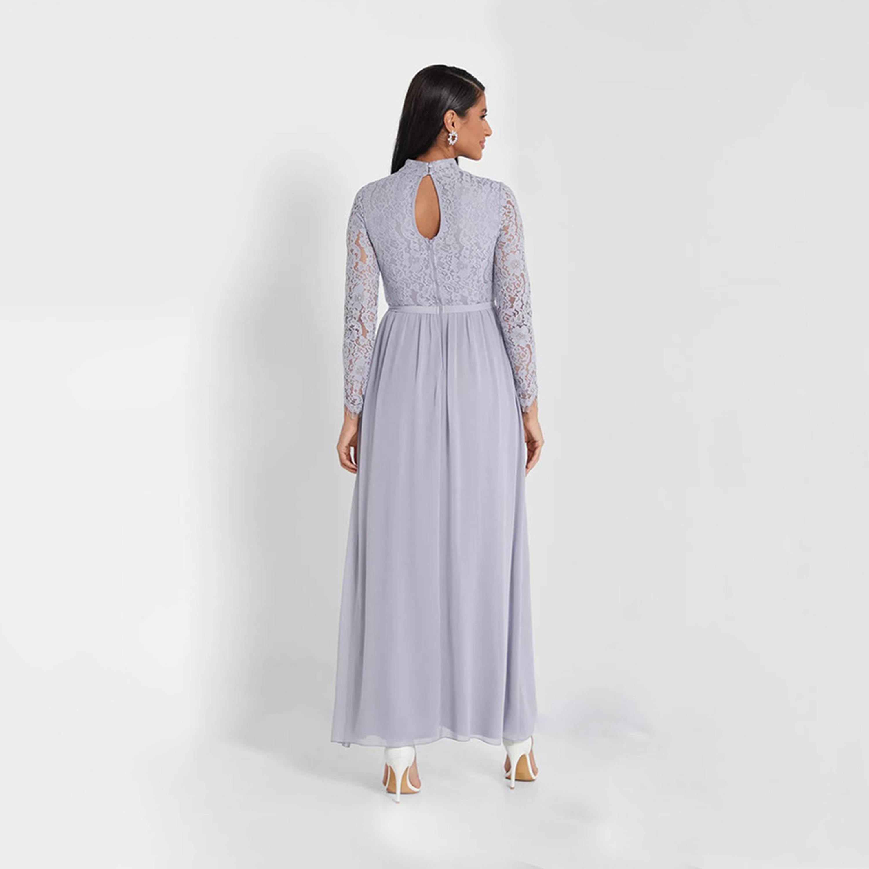 فستان ماكسي بفتحة ورقبة عالية من الدانتيل باللون الأرجواني من ليتل ميسترس -women-clothing-dresses-image-3