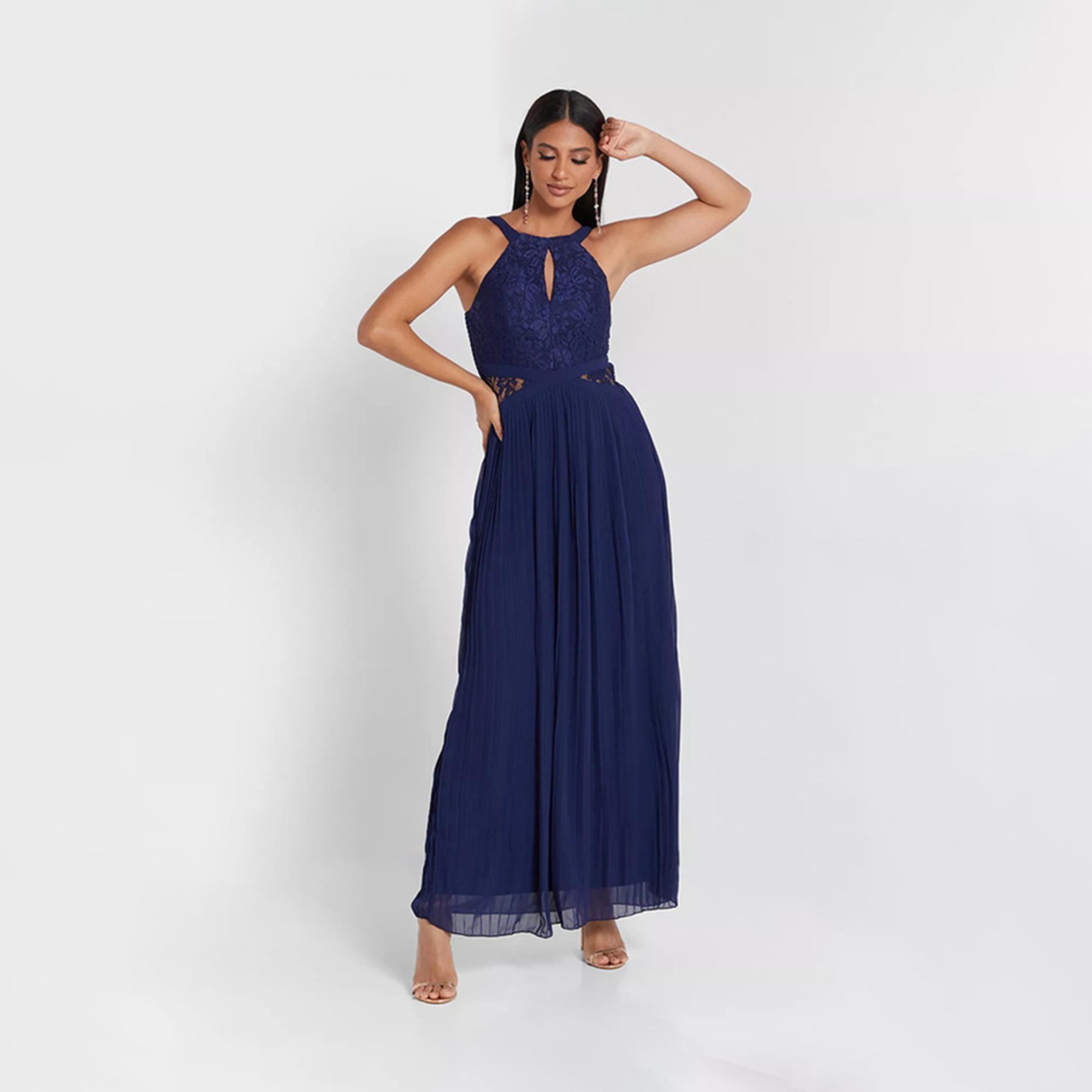 فستان سهرة برقبة ھالتر باللون الأزرق الداكن ذو الدانتيل من ليتل ميستريس -women-clothing-dresses-image-1