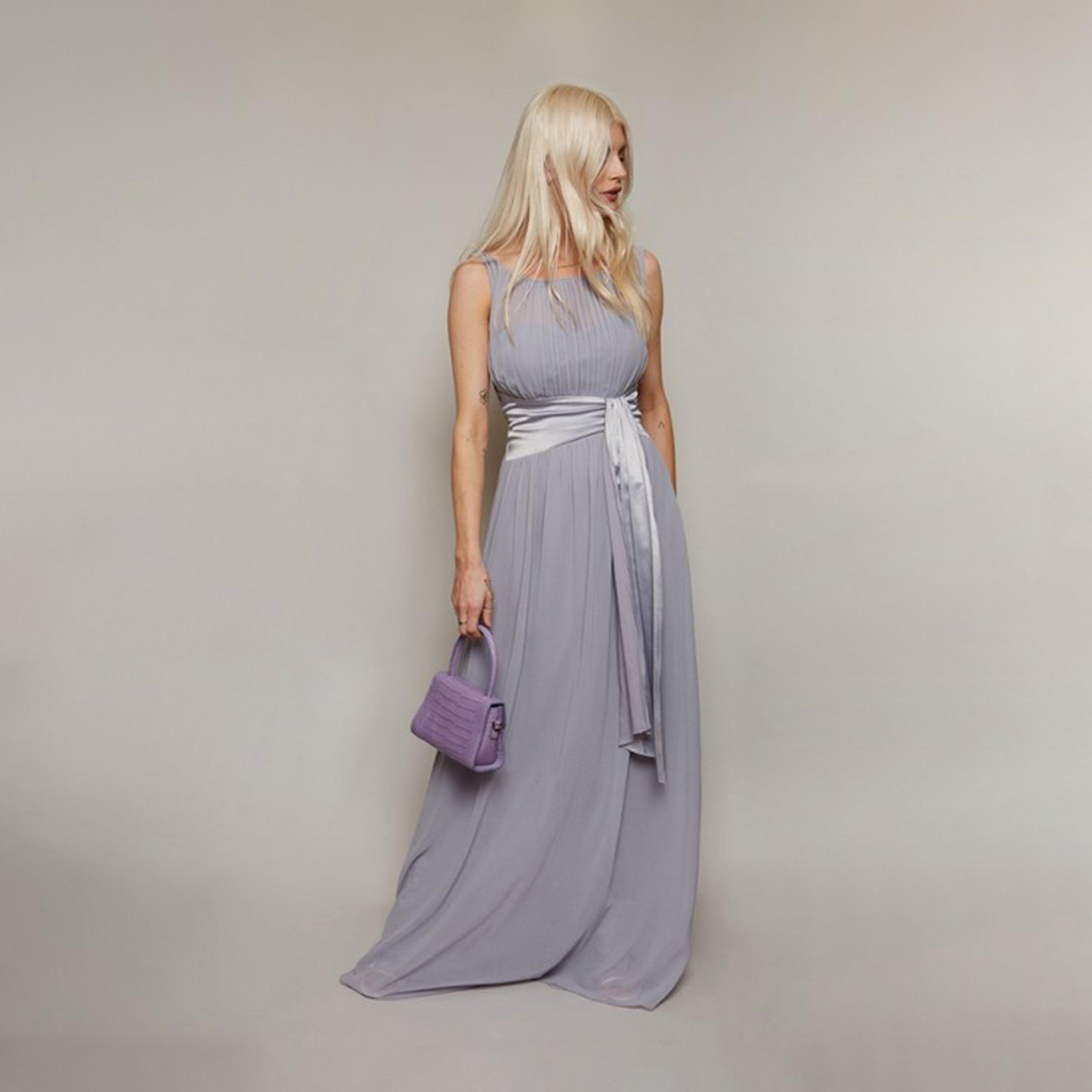 فستان ماكسي من الساتان بحمالات كتف وحزام باللون الرمادي من ليتل ميسترس-women-clothing-dresses-image-1